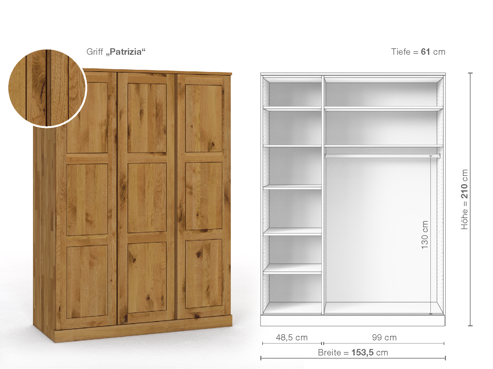 Schrank „Enzian“ aus Wildeiche, 3-türig, Höhe 210 cm, Griffausführung „Patrizia“, Inneneinrichtung B