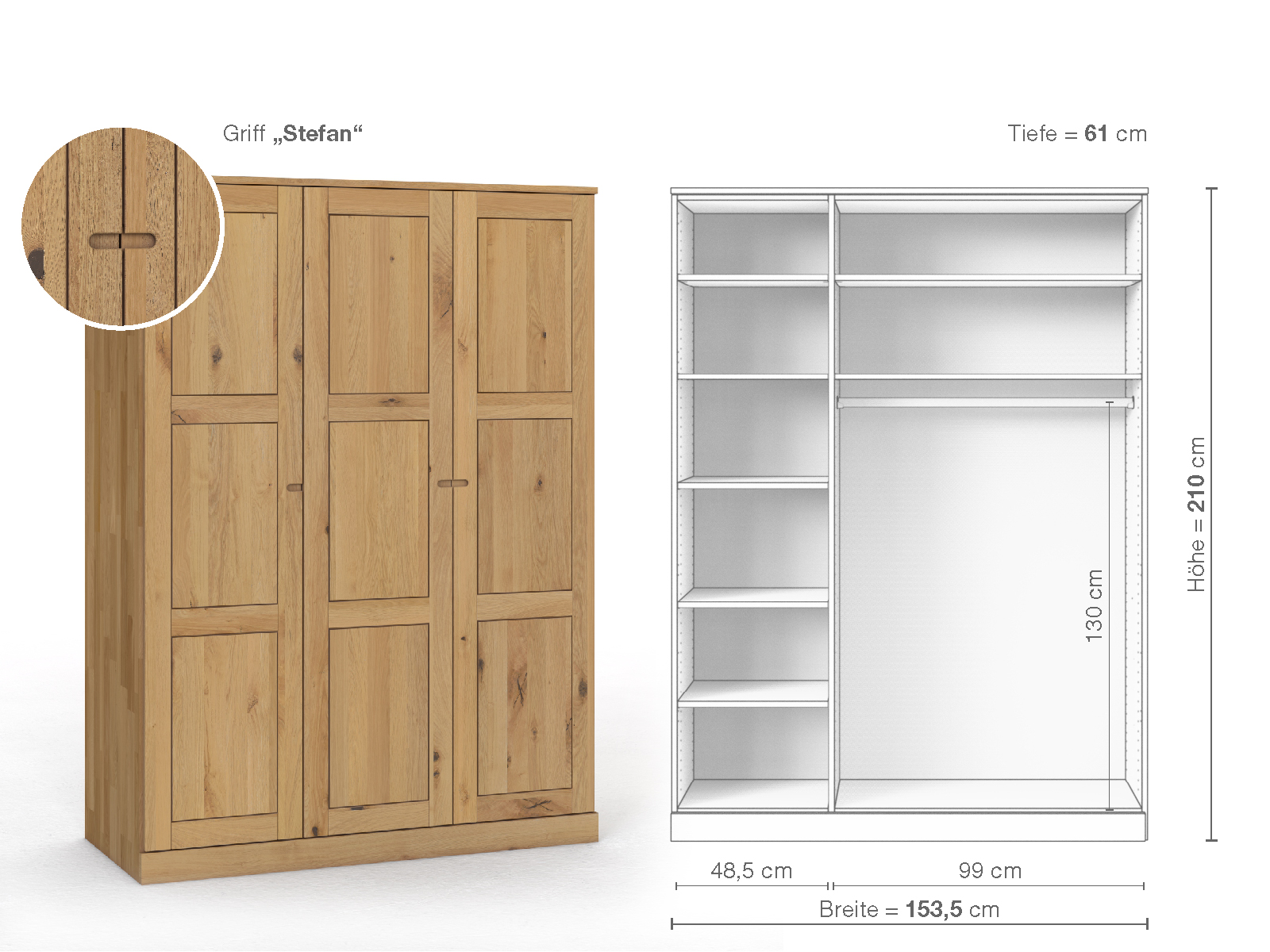 Schrank „Enzian“ aus Wildeiche Hell, 3-türig, Höhe 210 cm, Griffausführung „Stefan“, Inneneinrichtung B