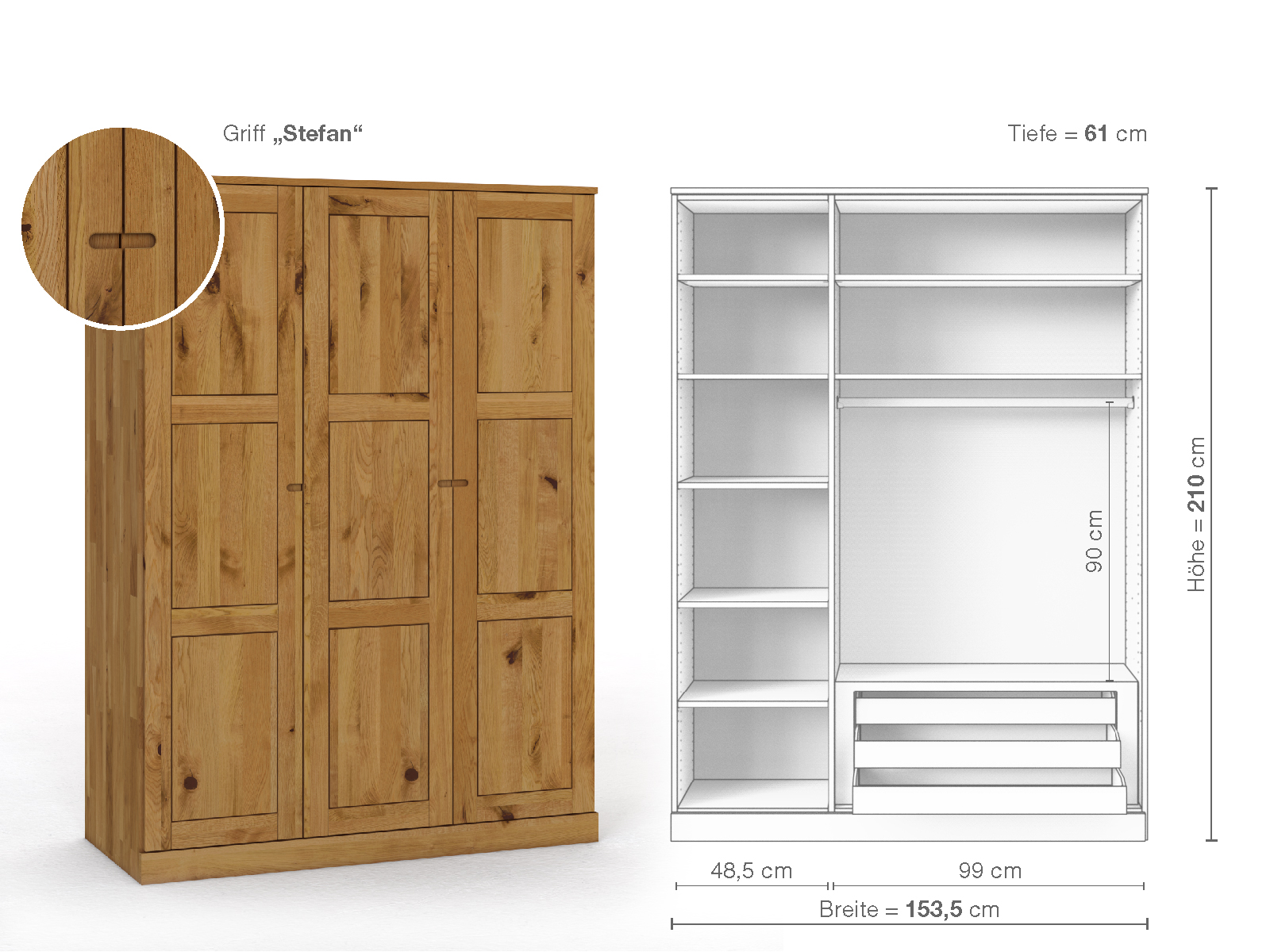 Schrank „Enzian“ aus Wildeiche, 3-türig, Höhe 210 cm, Griffausführung „Stefan“, Inneneinrichtung C