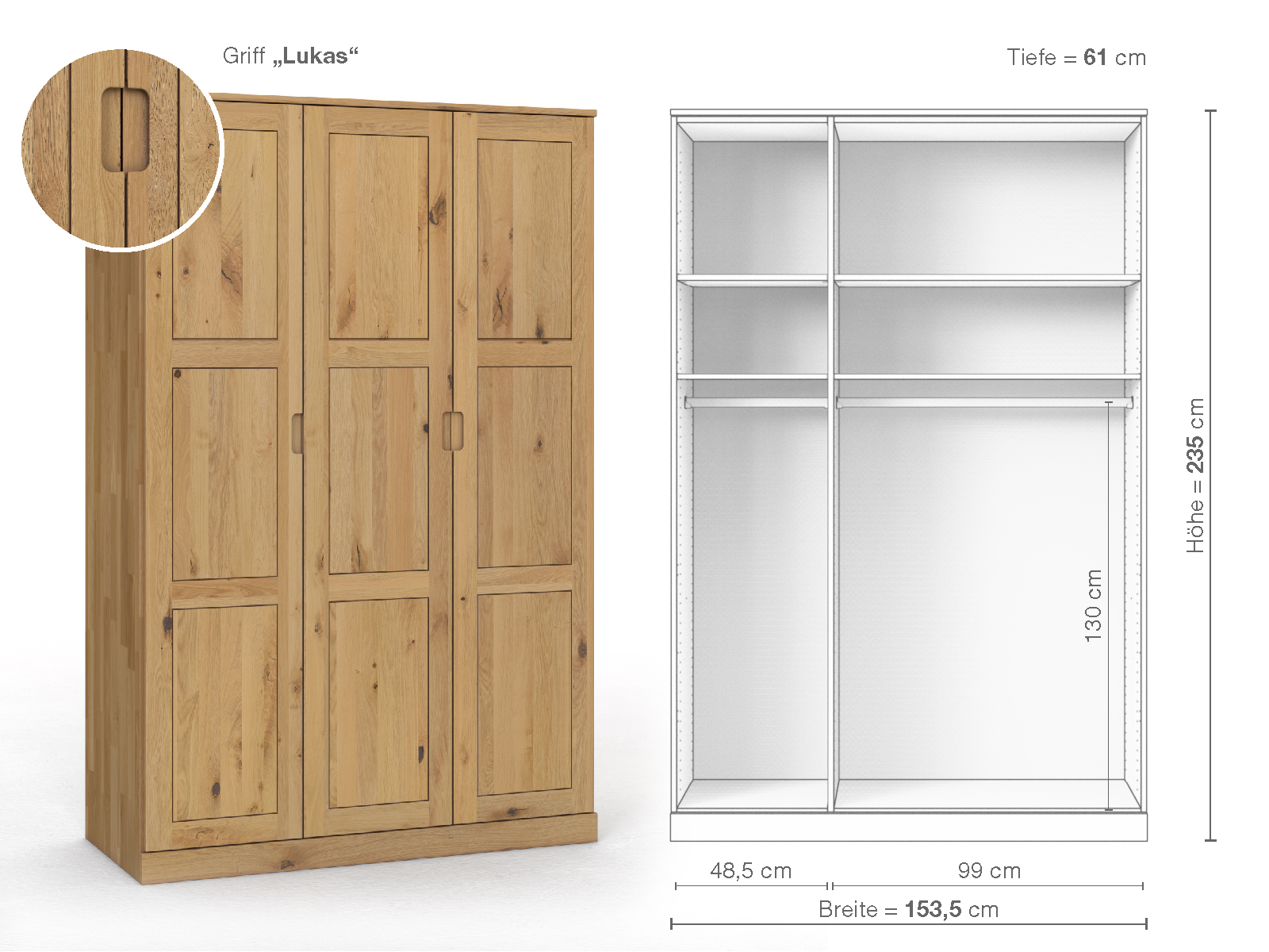 Schrank „Enzian“ aus Wildeiche Hell, 3-türig, Höhe 235 cm, Griffausführung „Lukas“, Inneneinrichtung A