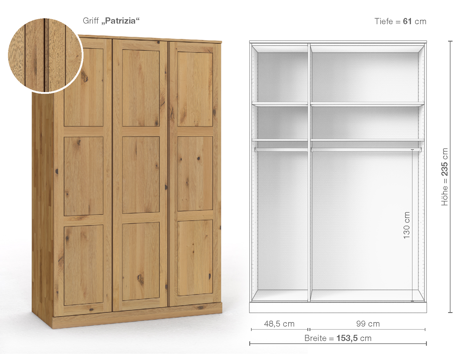Schrank „Enzian“ aus Wildeiche Hell, 3-türig, Höhe 235 cm, Griffausführung „Patrizia“, Inneneinrichtung A