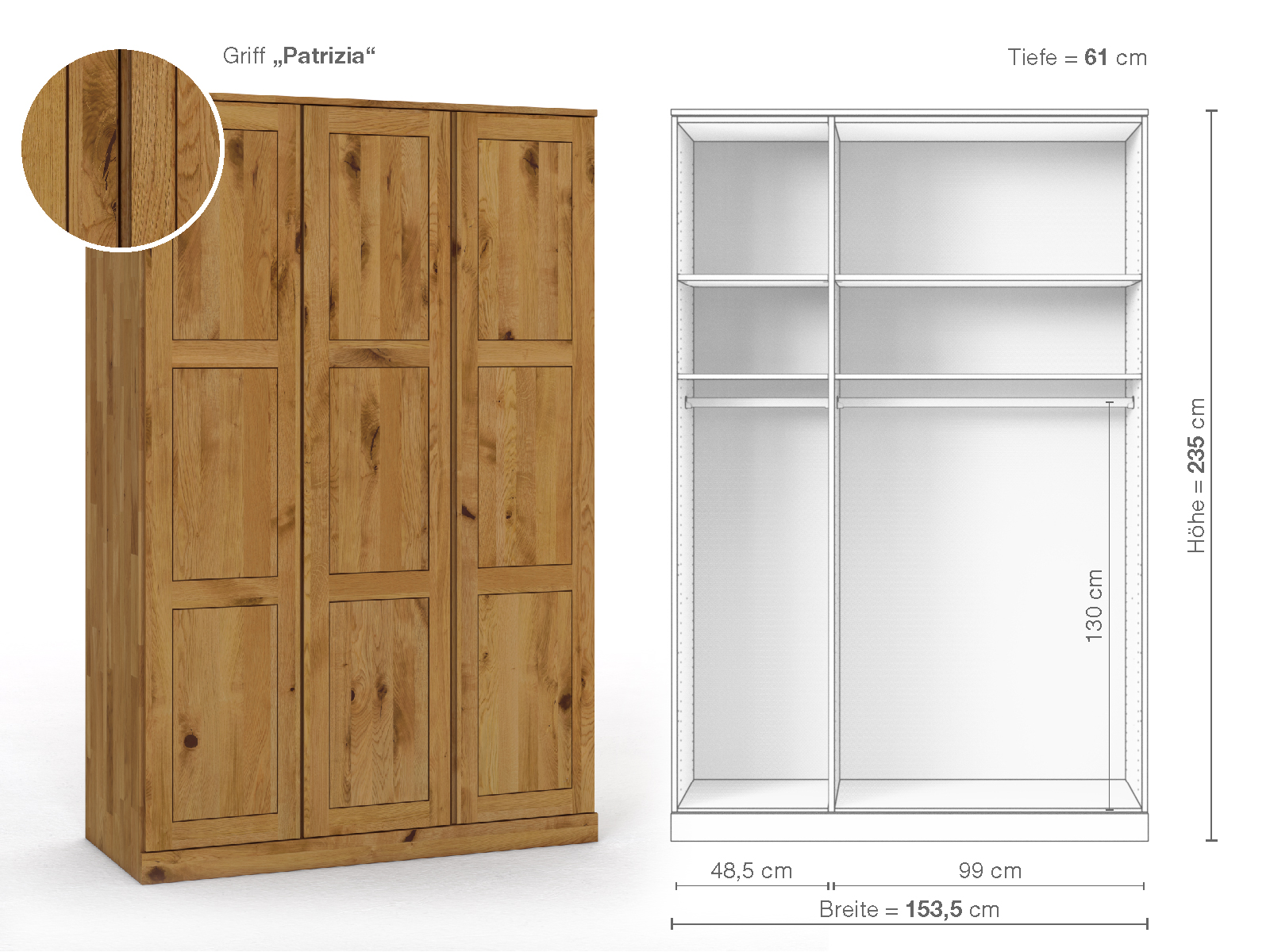 Schrank „Enzian“ aus Wildeiche, 3-türig, Höhe 235 cm, Griffausführung „Patrizia“, Inneneinrichtung A