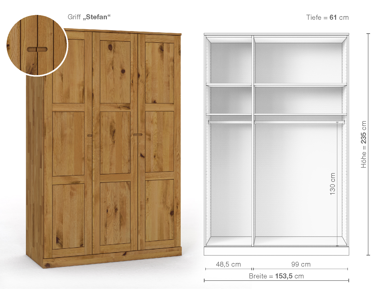 Schrank „Enzian“ aus Wildeiche, 3-türig, Höhe 235 cm, Griffausführung „Stefan“, Inneneinrichtung A