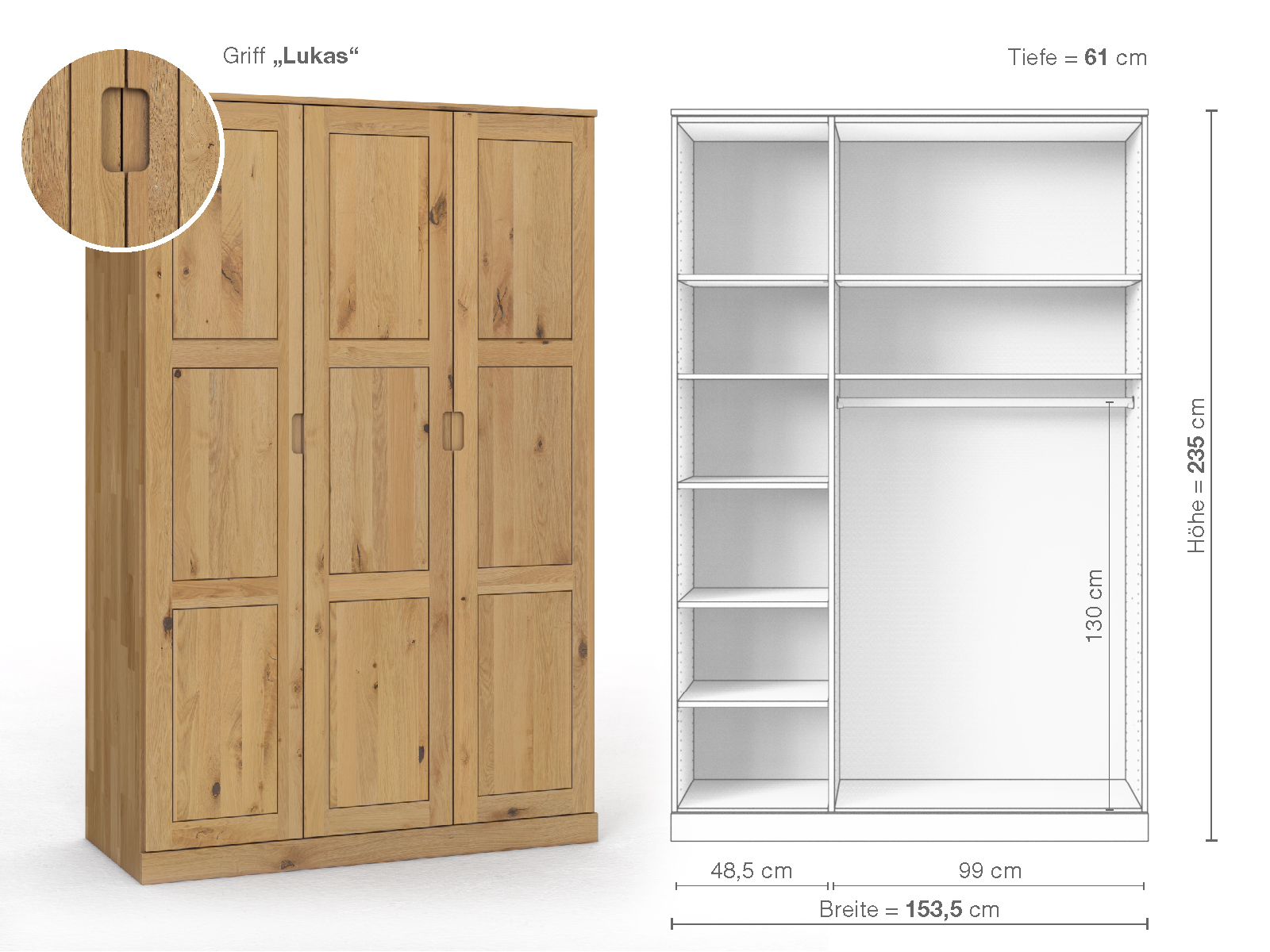 Schrank „Enzian“ aus Wildeiche Hell, 3-türig, Höhe 235 cm, Griffausführung „Lukas“, Inneneinrichtung B