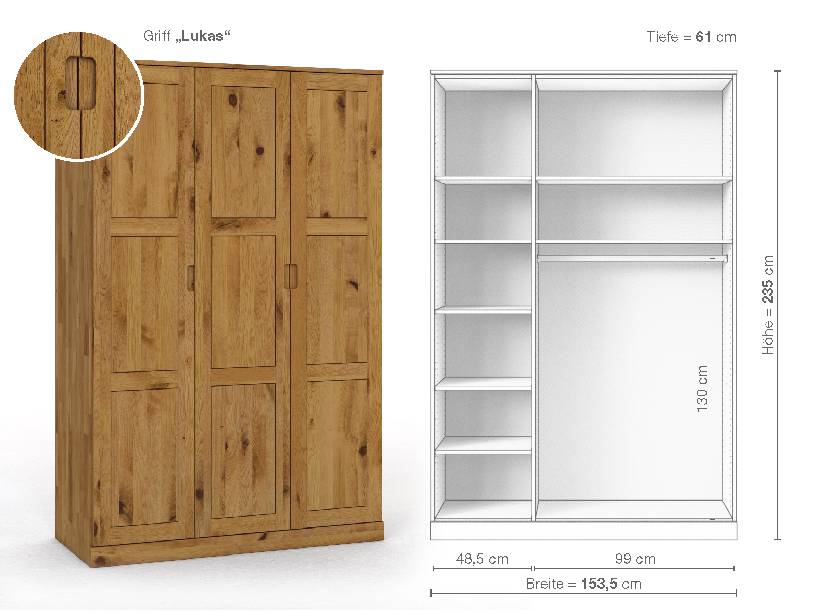 Schrank „Enzian“ aus Wildeiche, 3-türig, Höhe 235 cm, Griffausführung „Lukas“, Inneneinrichtung B