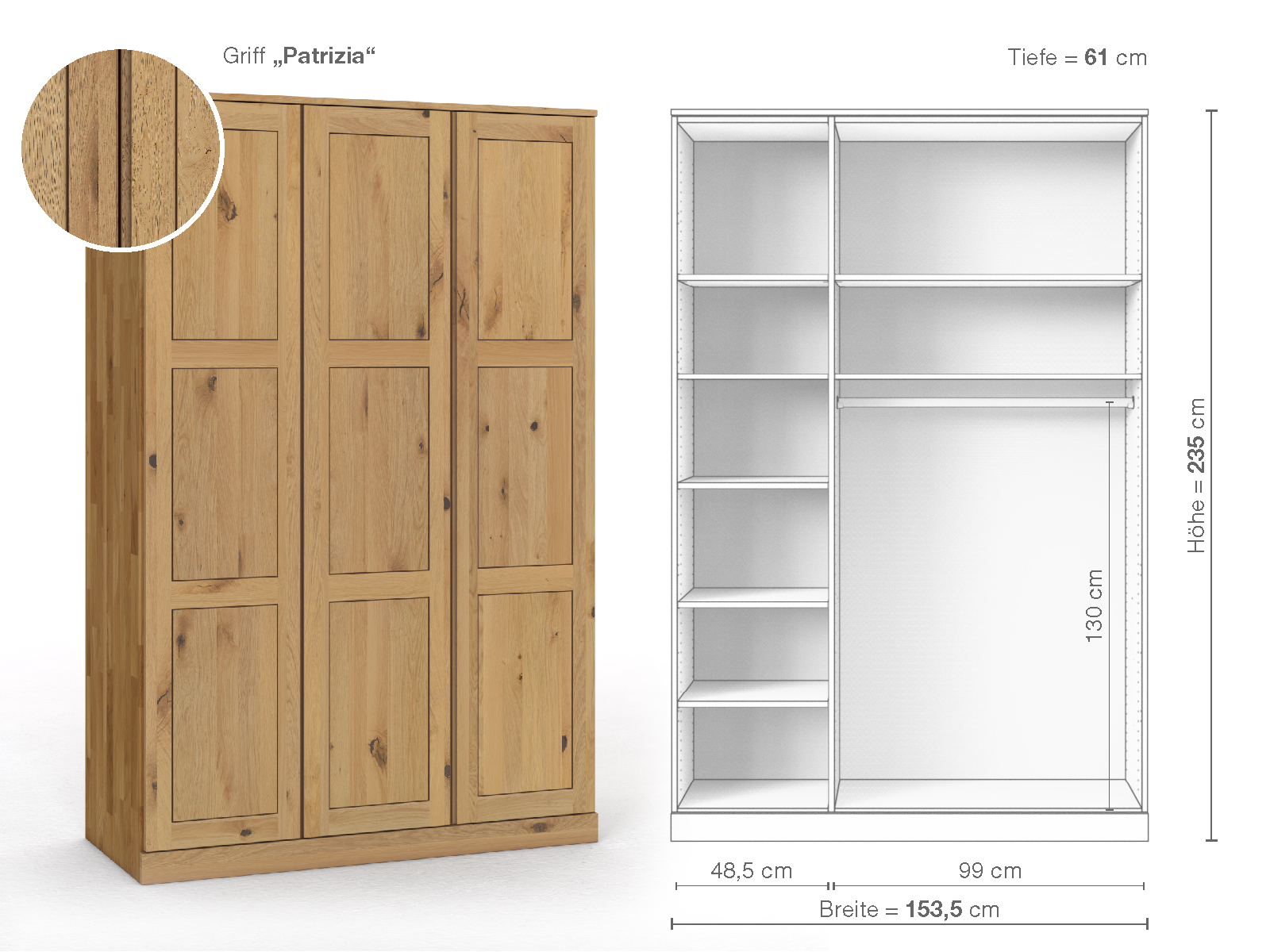 Schrank „Enzian“ aus Wildeiche Hell, 3-türig, Höhe 235 cm, Griffausführung „Patrizia“, Inneneinrichtung B