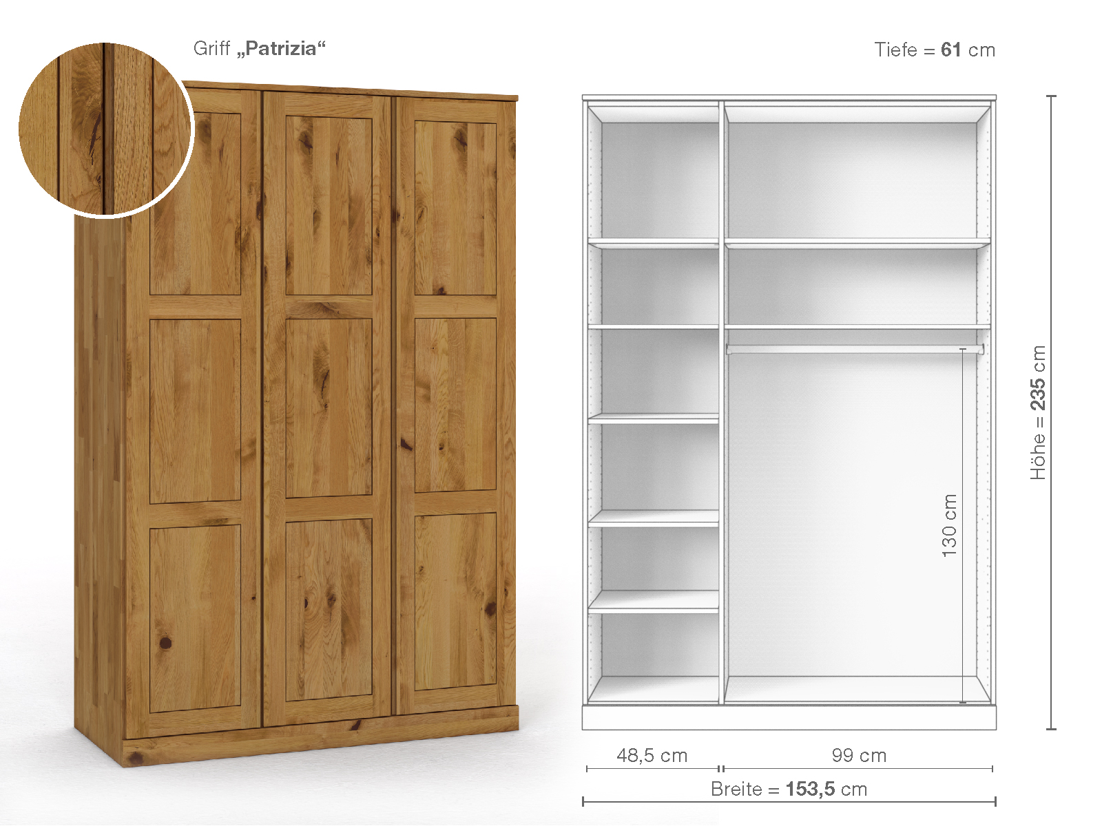 Schrank „Enzian“ aus Wildeiche, 3-türig, Höhe 235 cm, Griffausführung „Patrizia“, Inneneinrichtung B