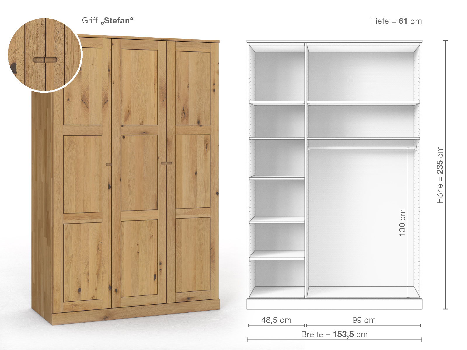 Schrank „Enzian“ aus Wildeiche Hell, 3-türig, Höhe 235 cm, Griffausführung „Stefan“, Inneneinrichtung B