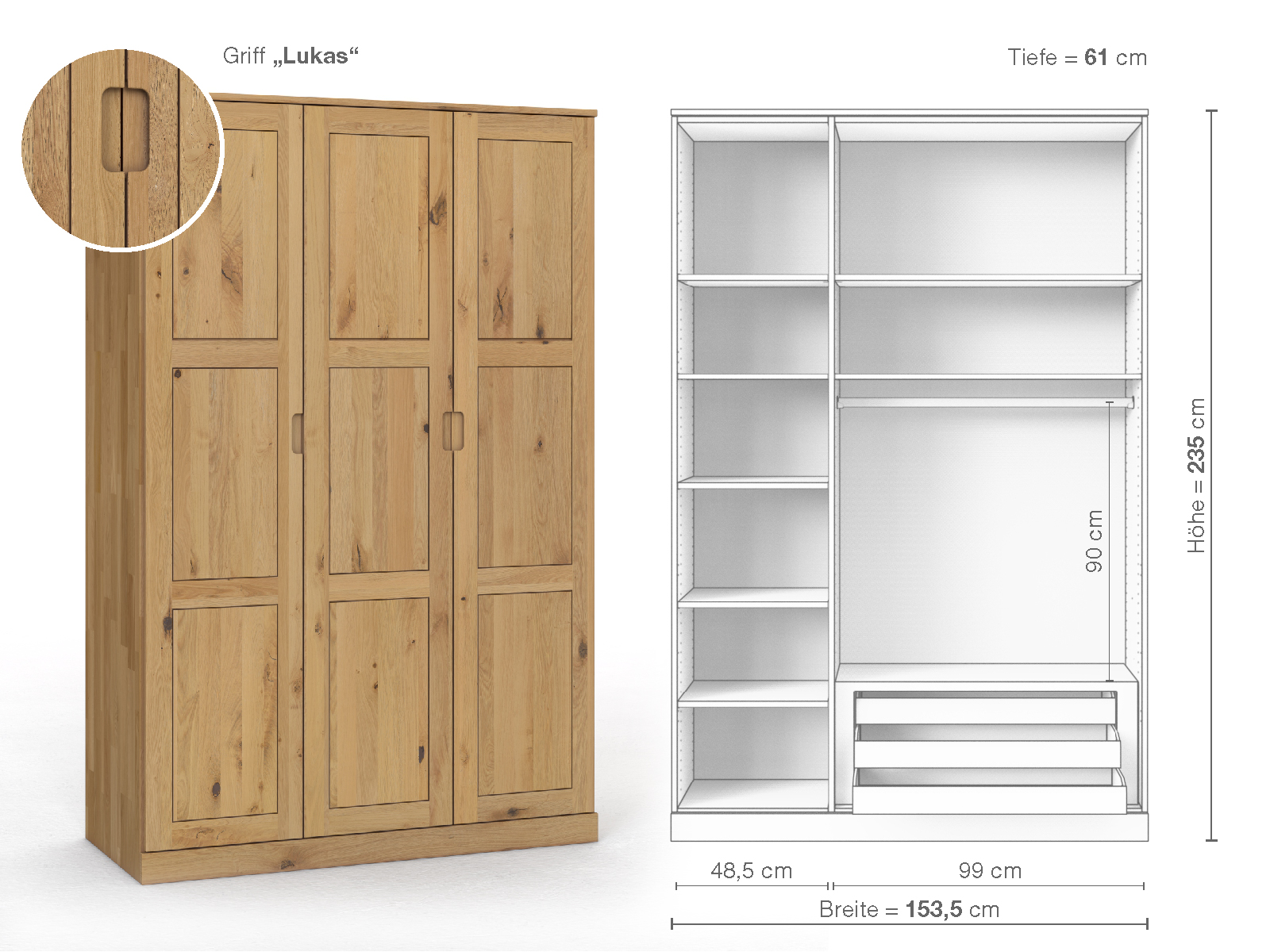 Schrank „Enzian“ aus Wildeiche Hell, 3-türig, Höhe 235 cm, Griffausführung „Lukas“, Inneneinrichtung C