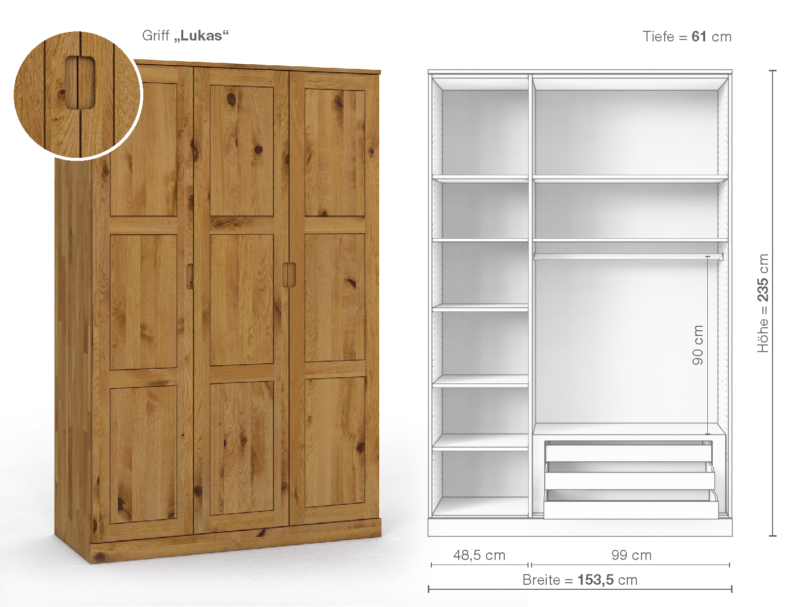 Schrank „Enzian“ aus Wildeiche, 3-türig, Höhe 235 cm, Griffausführung „Lukas“, Inneneinrichtung C