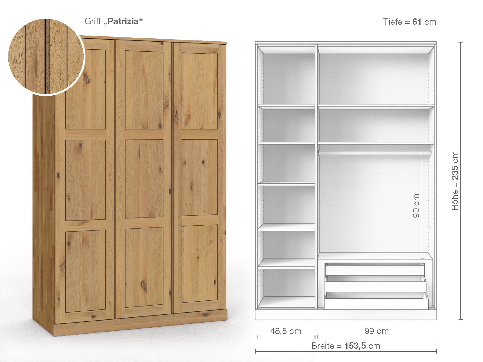 Schrank „Enzian“ aus Wildeiche Hell, 3-türig, Höhe 235 cm, Griffausführung „Patrizia“, Inneneinrichtung C