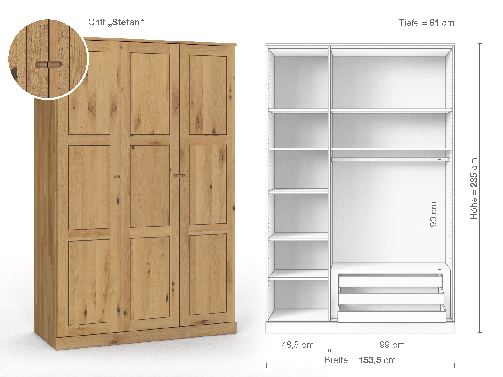 Schrank „Enzian“ aus Wildeiche Hell, 3-türig, Höhe 235 cm, Griffausführung „Stefan“, Inneneinrichtung C