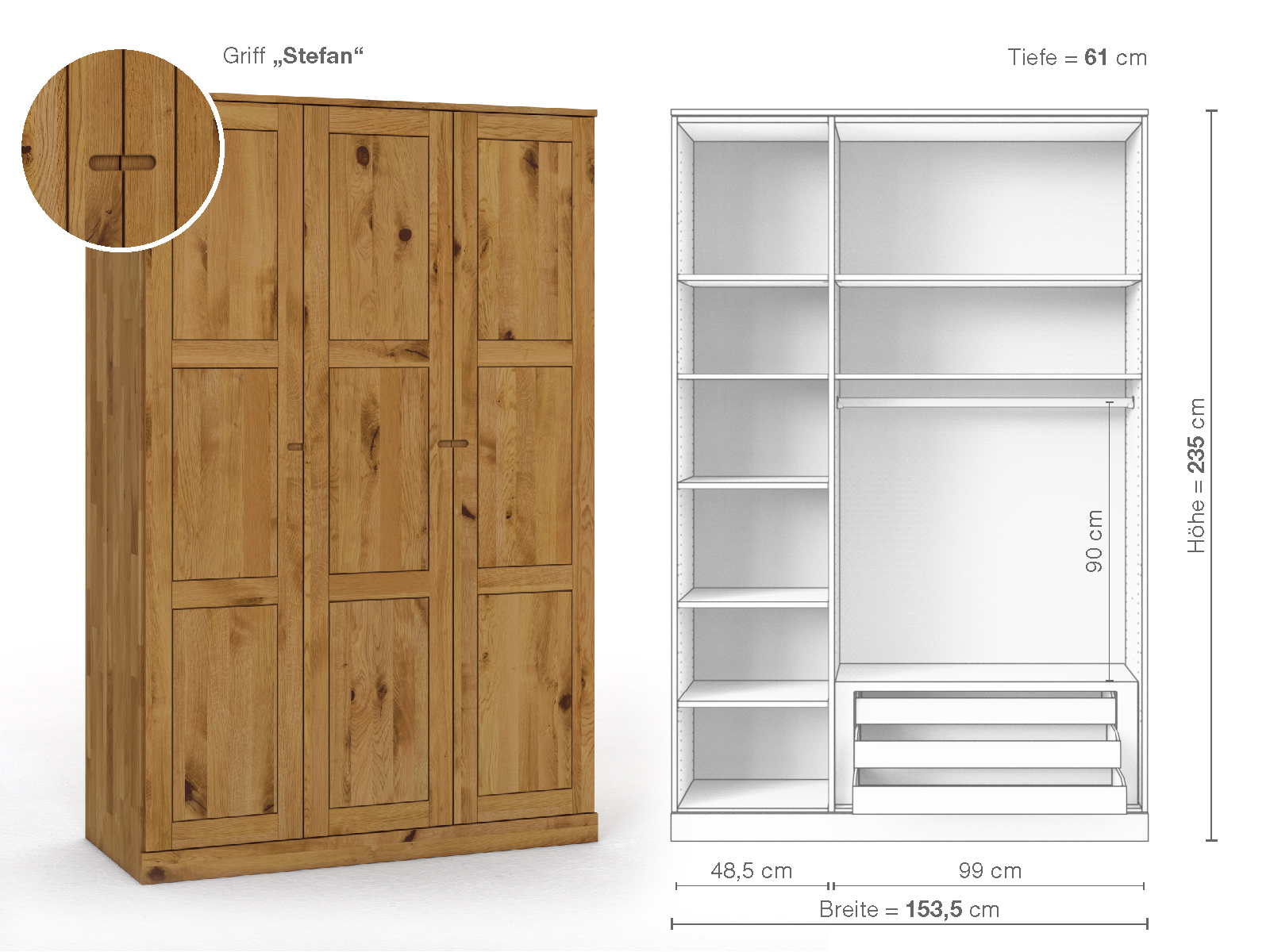 Schrank „Enzian“ aus Wildeiche, 3-türig, Höhe 235 cm, Griffausführung „Stefan“, Inneneinrichtung C