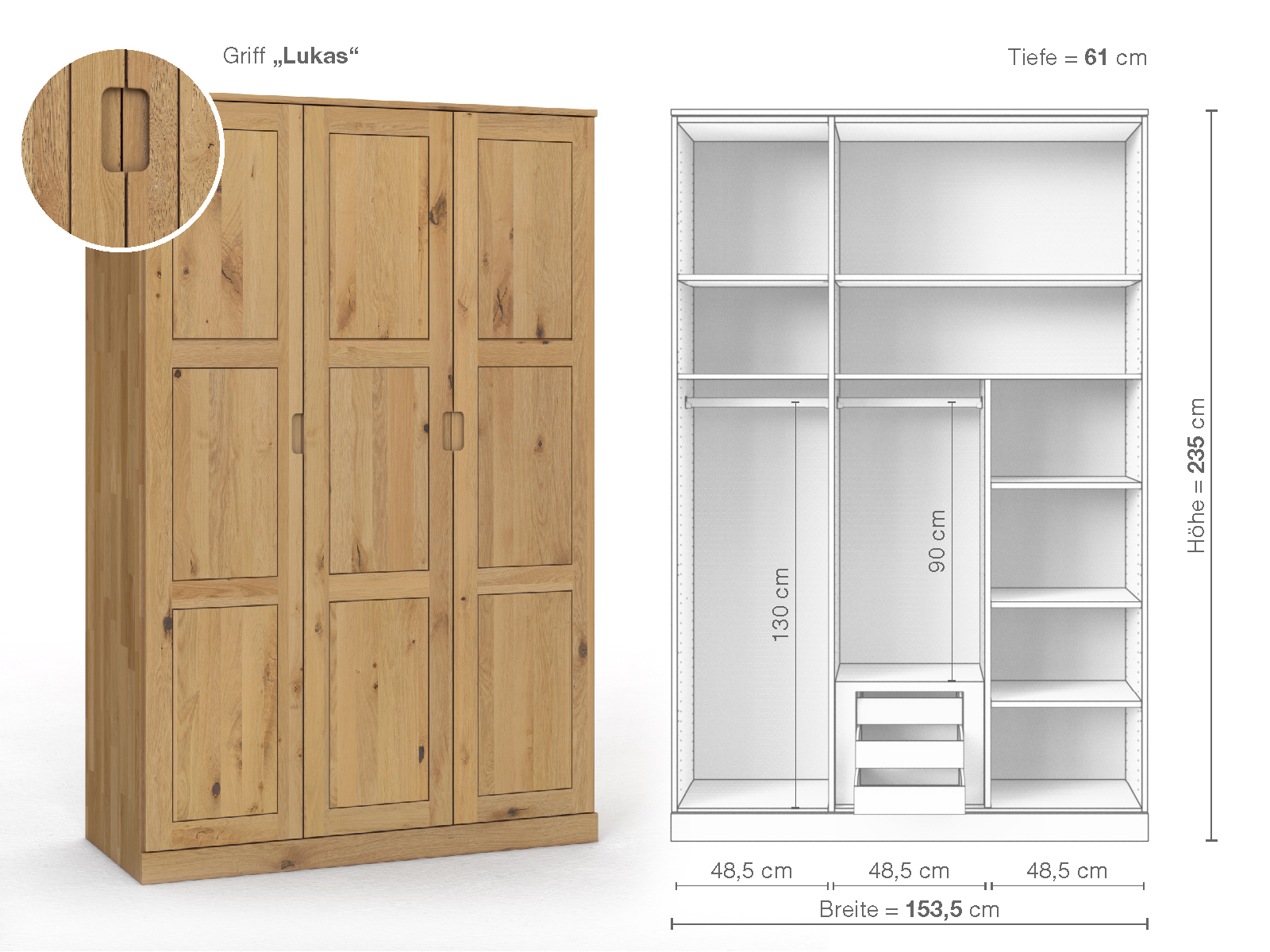 Schrank „Enzian“ aus Wildeiche Hell, 3-türig, Höhe 235 cm, Griffausführung „Lukas“, Inneneinrichtung D