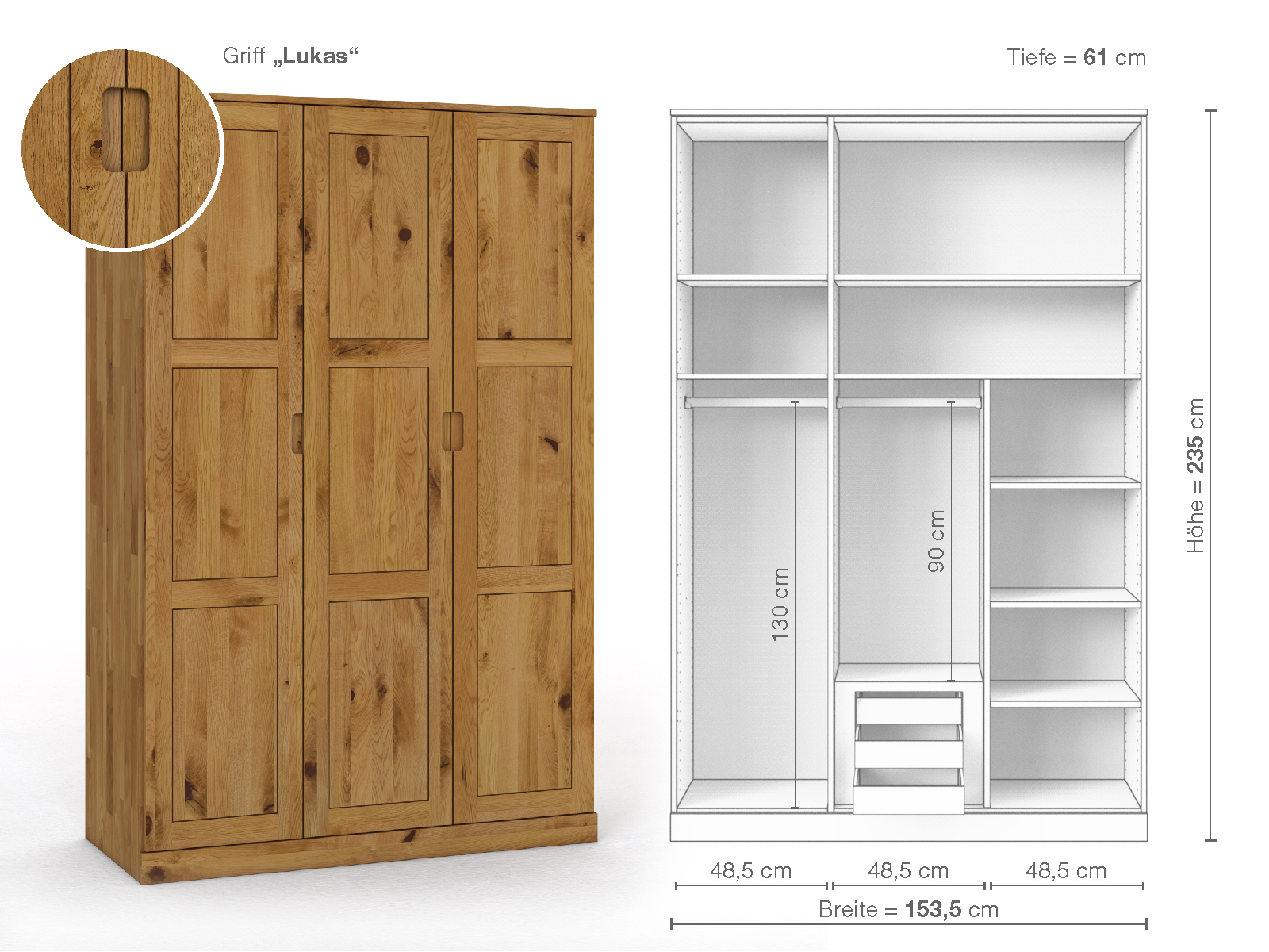 Schrank „Enzian“ aus Wildeiche, 3-türig, Höhe 235 cm, Griffausführung „Lukas“, Inneneinrichtung D