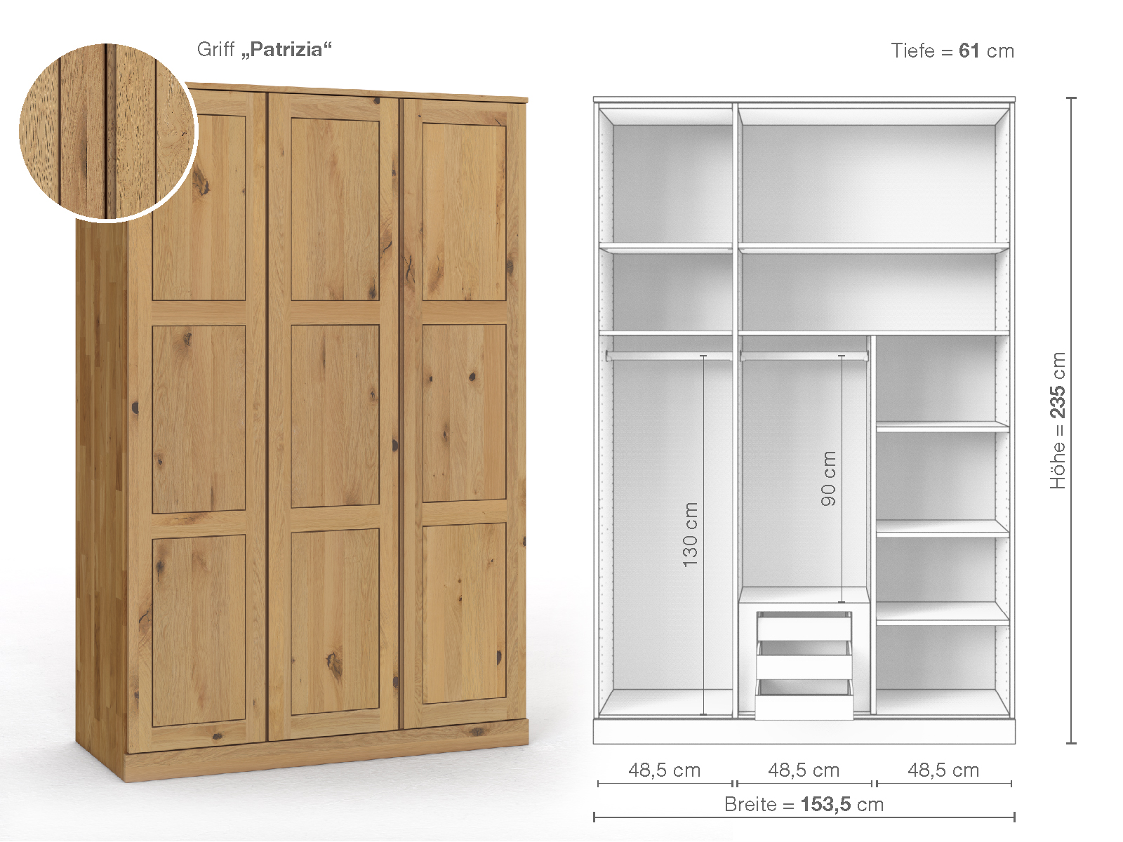 Schrank „Enzian“ aus Wildeiche Hell, 3-türig, Höhe 235 cm, Griffausführung „Patrizia“, Inneneinrichtung D