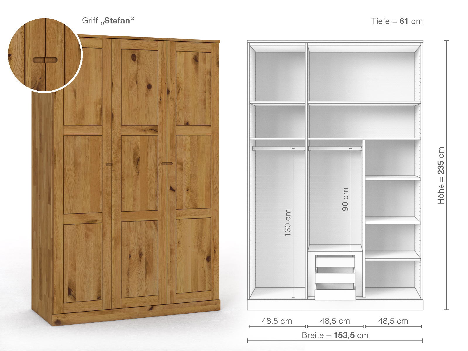 Schrank „Enzian“ aus Wildeiche, 3-türig, Höhe 235 cm, Griffausführung „Stefan“, Inneneinrichtung D