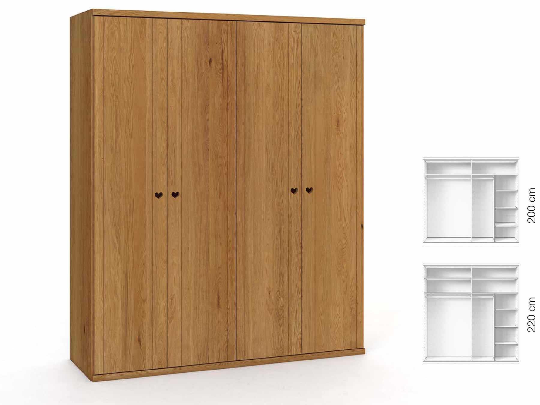 Eichenschrank „Egon“, 4-türig, Höhe 220 cm, Griffausführung „Heidi“, Inneneinrichtung: B