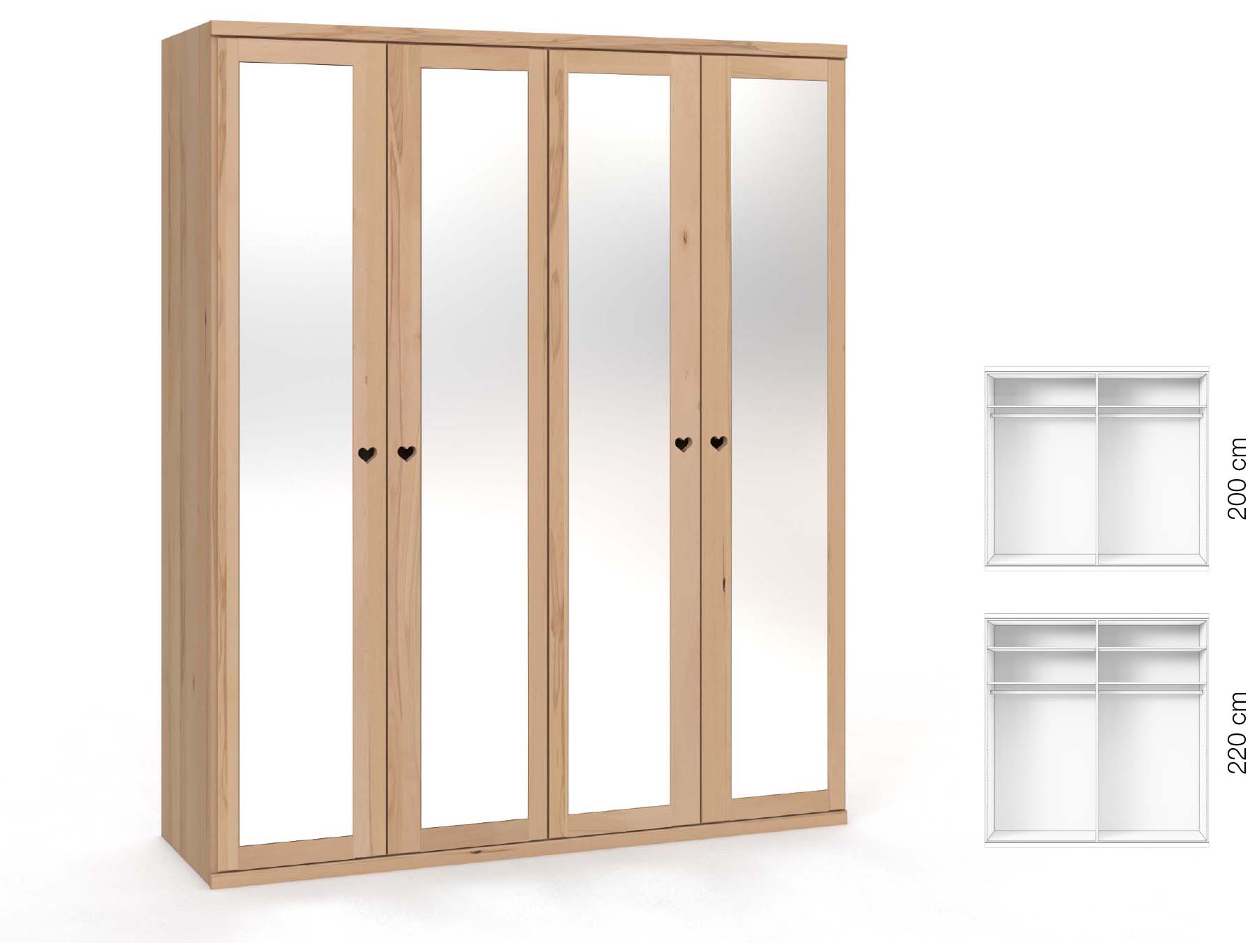 Buchenschrank „Sandra“, 4-türig, Höhe 220 cm, Griffausführung „Heidi“, Inneneinrichtung: A