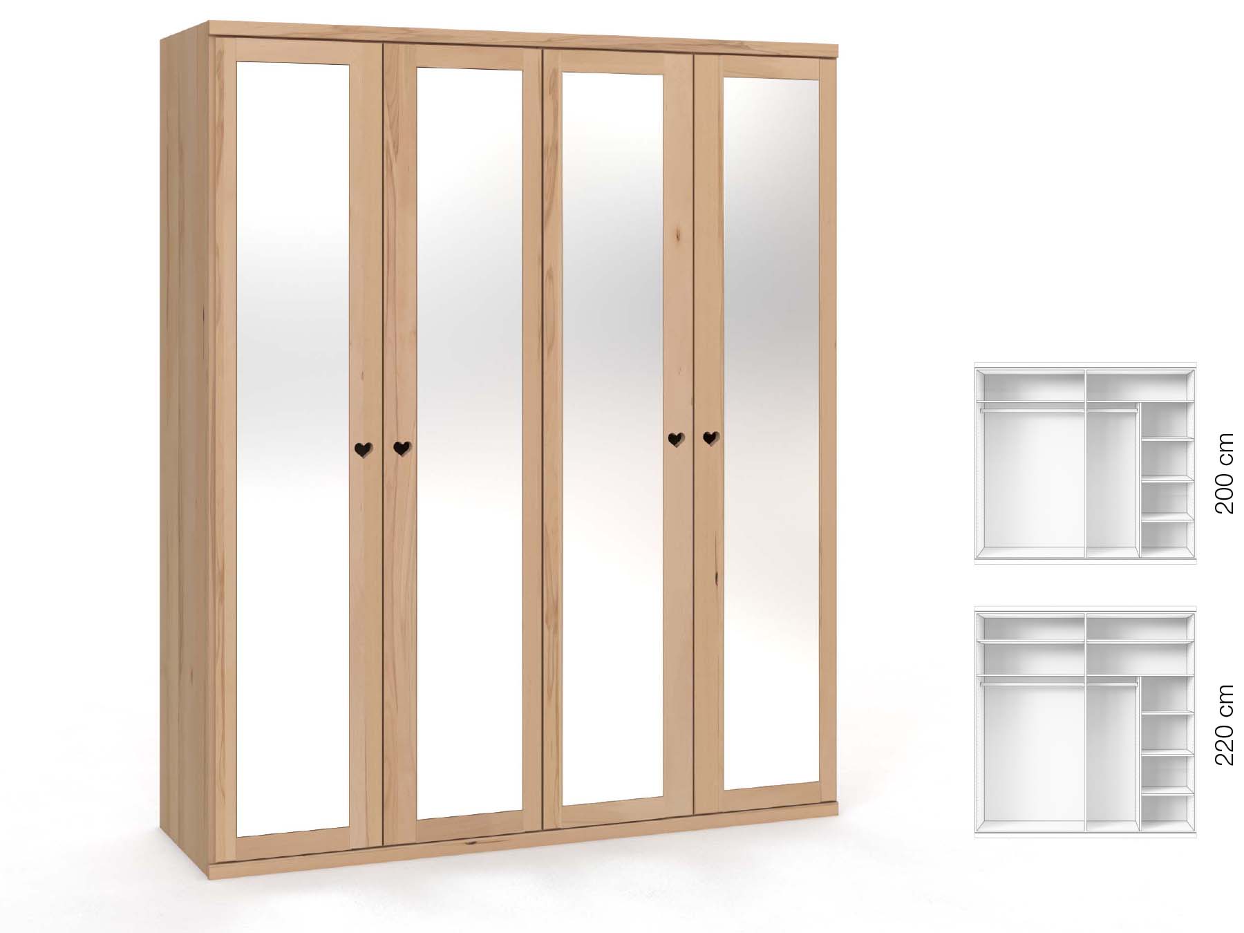 Buchenschrank „Sandra“, 4-türig, Höhe 220 cm, Griffausführung „Heidi“, Inneneinrichtung: B
