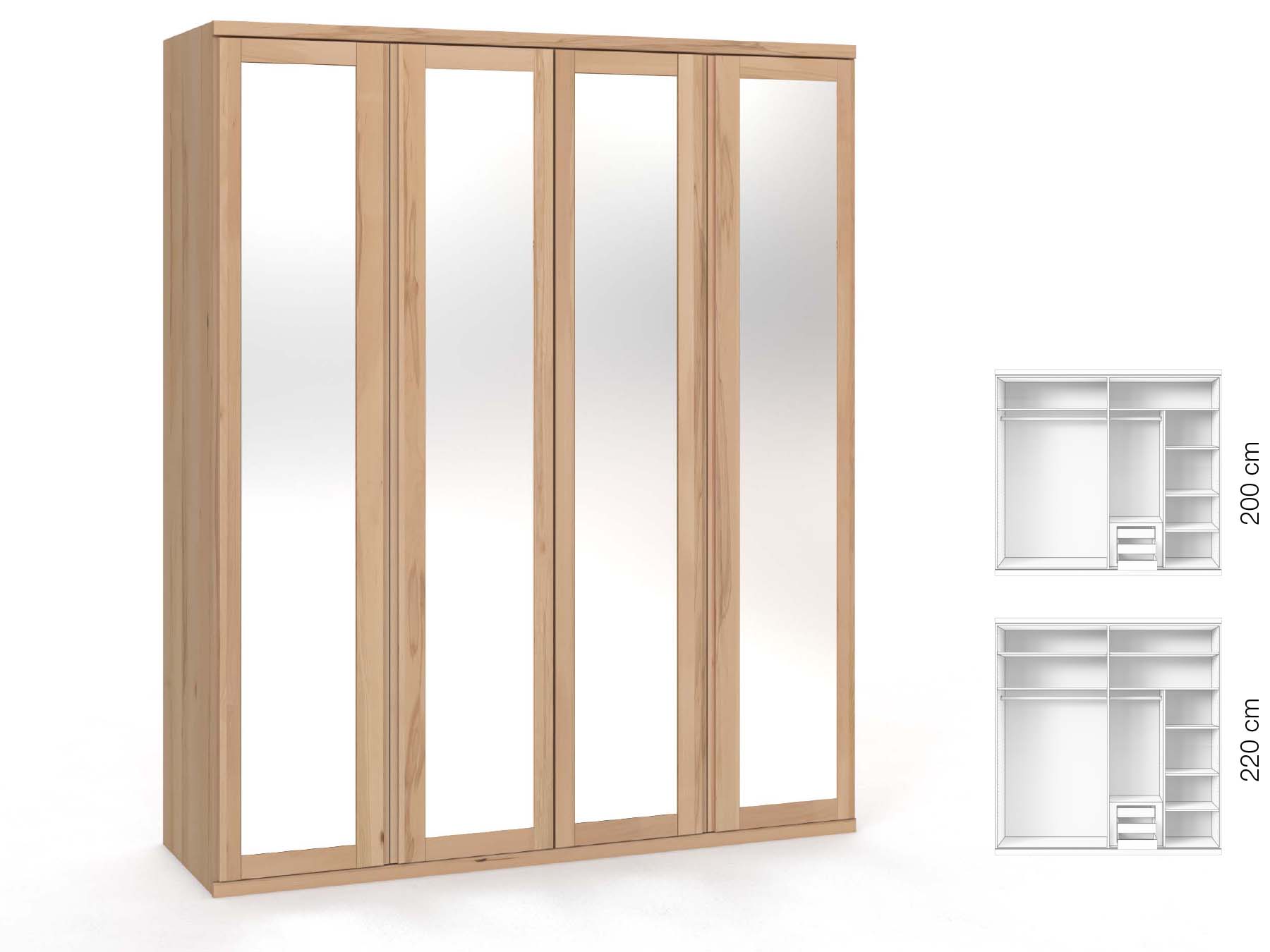 Buchenschrank „Sandra“, 4-türig, Höhe 220 cm, Griffausführung „Patrizia“, Inneneinrichtung: C