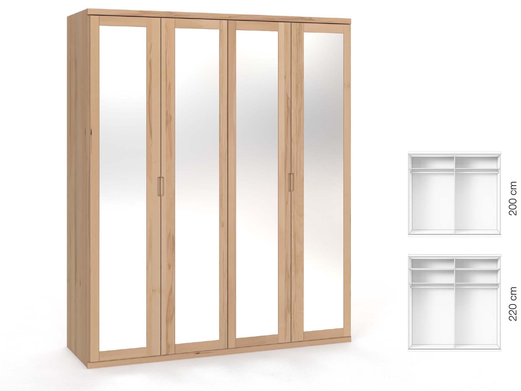 Buchenschrank „Sandra“, 4-türig, Höhe 220 cm, Griffausführung „Lukas“, Inneneinrichtung: A