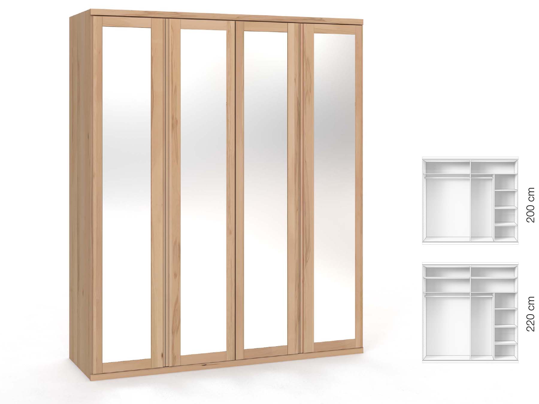 Buchenschrank „Sandra“, 4-türig, Höhe 220 cm, Griffausführung „Patrizia“, Inneneinrichtung: B