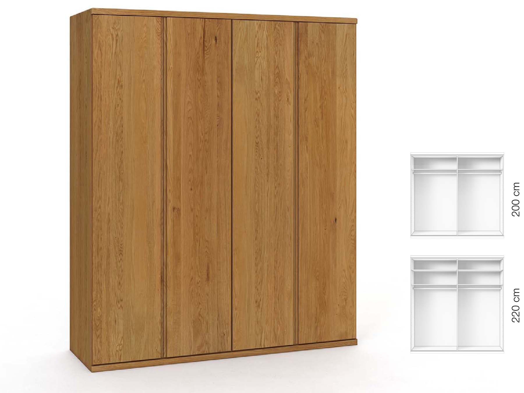 Eichenschrank „Valentin“, 4-türig, Höhe 220 cm, Griffausführung „Patrizia“, Inneneinrichtung: A