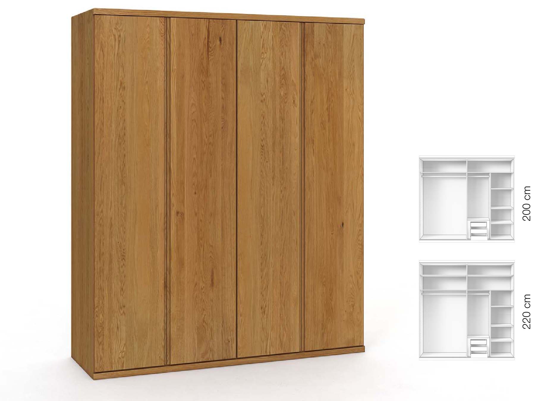 Eichenschrank „Valentin“, 4-türig, Höhe 220 cm, Griffausführung „Patrizia“, Inneneinrichtung: C