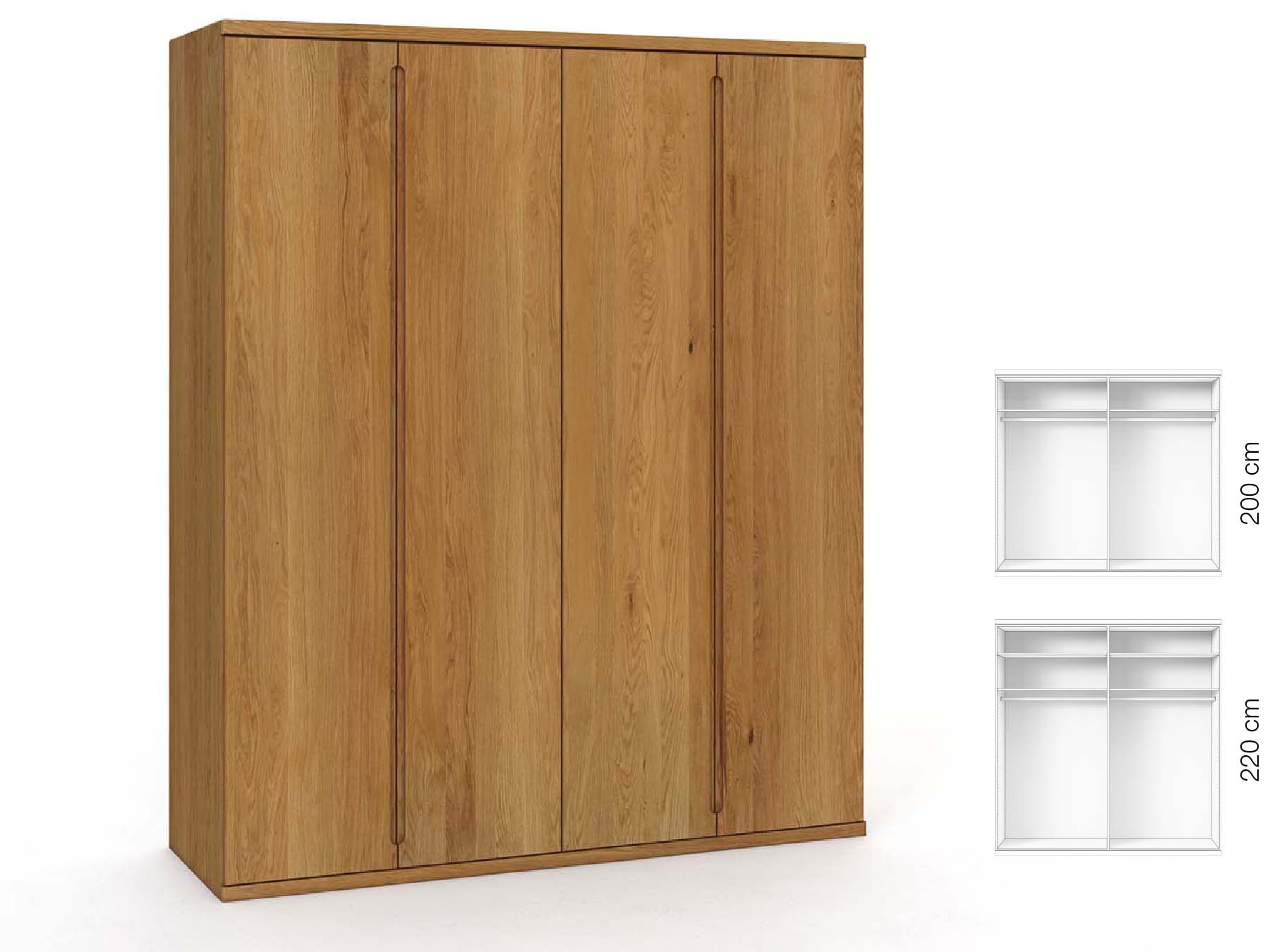 Eichenschrank „Valentin“, 4-türig, Höhe 220 cm, Griffausführung „Lukas“, Inneneinrichtung: A