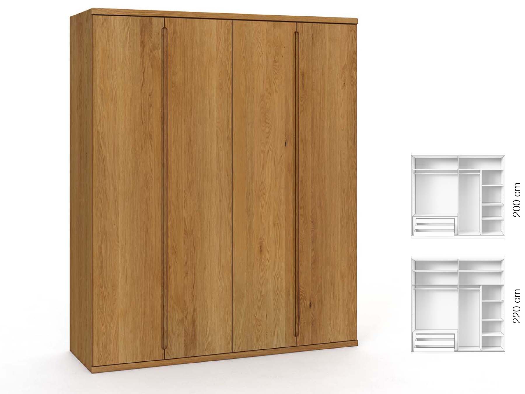 Eichenschrank „Valentin“, 4-türig, Höhe 220 cm, Griffausführung „Lukas“, Inneneinrichtung: D