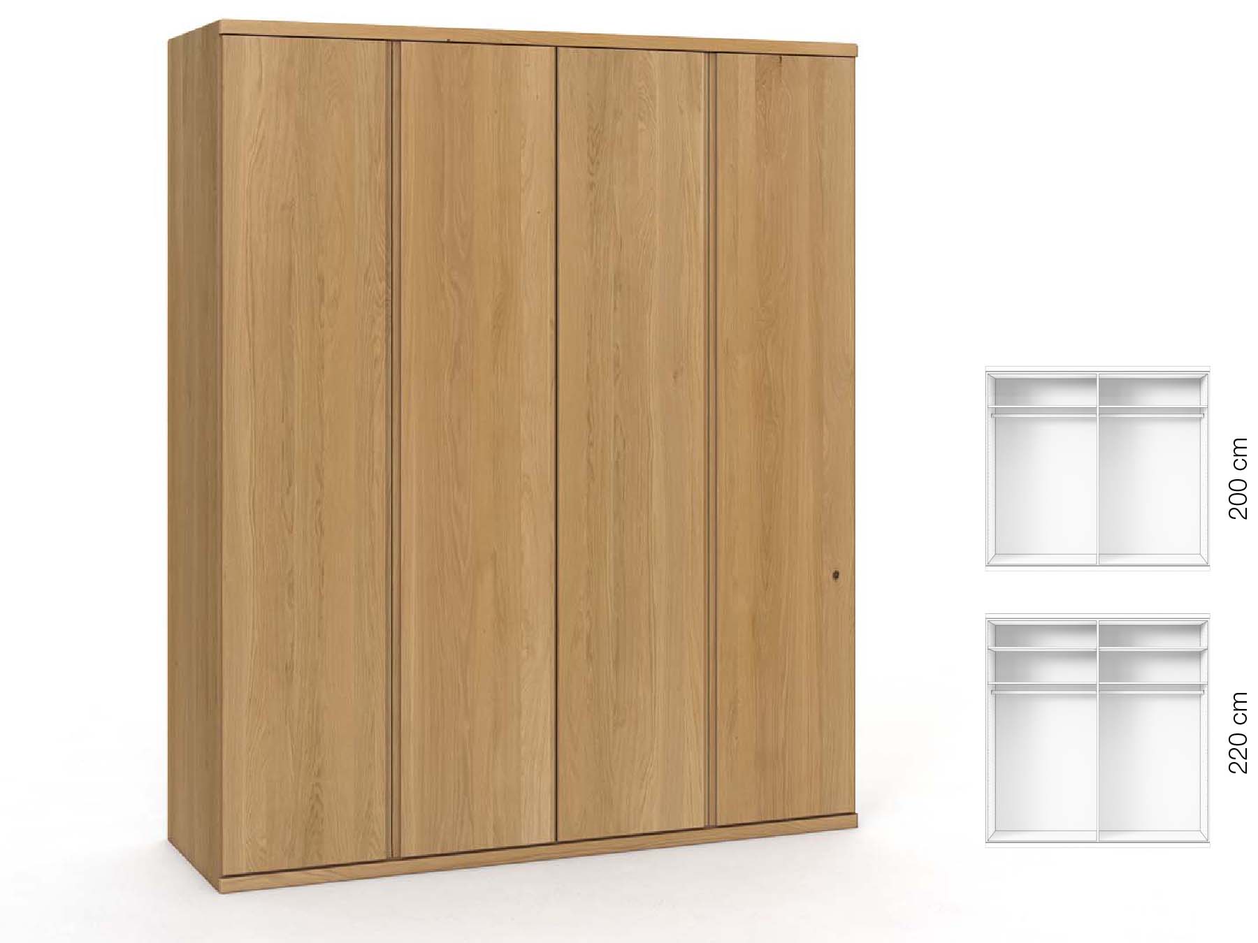 Eichenschrank Hell „Valentin“, 4-türig, Höhe 220 cm, Griffausführung „Patrizia“, Inneneinrichtung: A