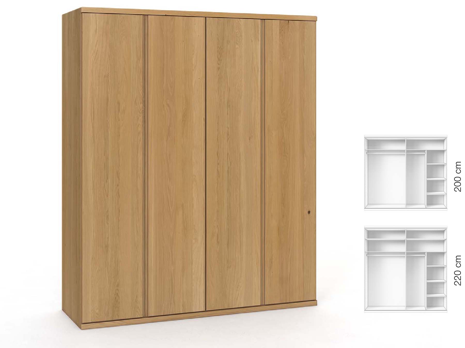 Eichenschrank Hell „Valentin“, 4-türig, Höhe 220 cm, Griffausführung „Patrizia“, Inneneinrichtung: B