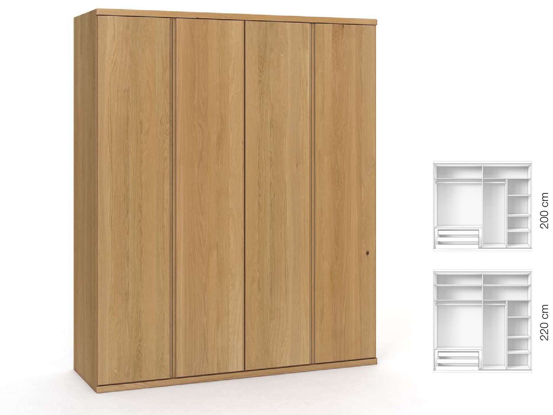Eichenschrank Hell „Valentin“, 4-türig, Höhe 220 cm, Griffausführung „Patrizia“, Inneneinrichtung: C