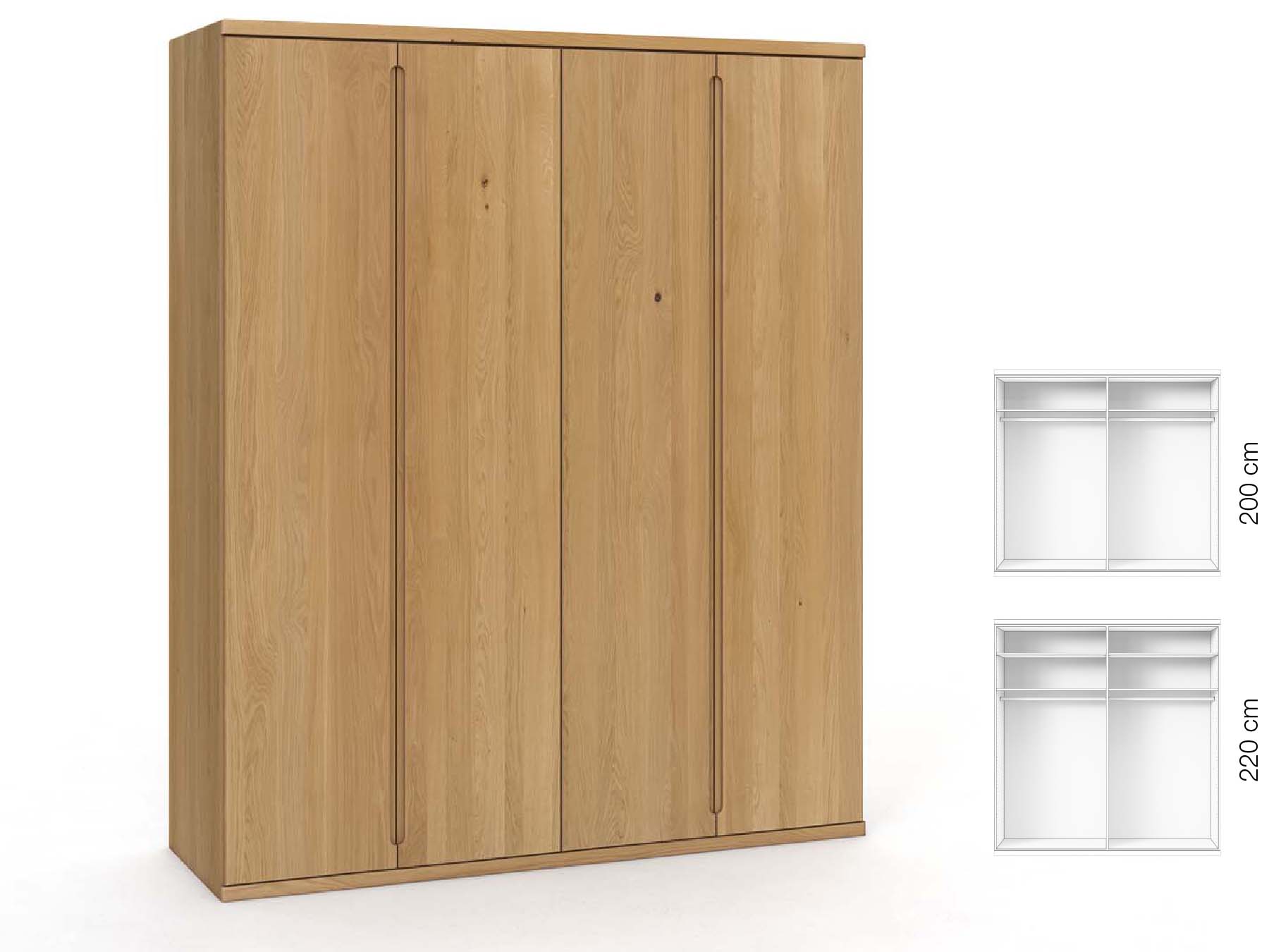 Eichenschrank Hell „Valentin“, 4-türig, Höhe 220 cm, Griffausführung „Lukas“, Inneneinrichtung: A