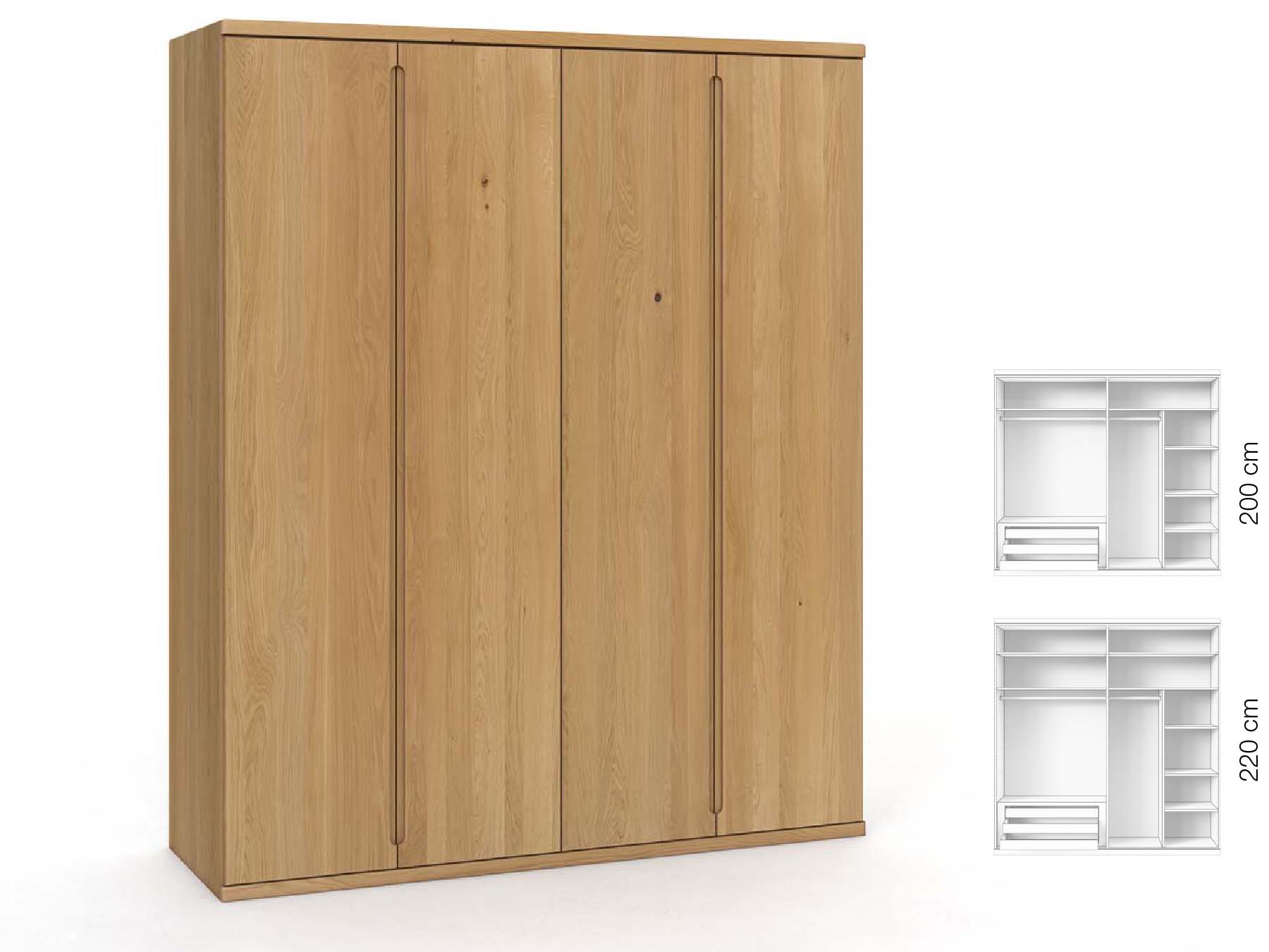 Eichenschrank Hell „Valentin“, 4-türig, Höhe 220 cm, Griffausführung „Lukas“, Inneneinrichtung: C