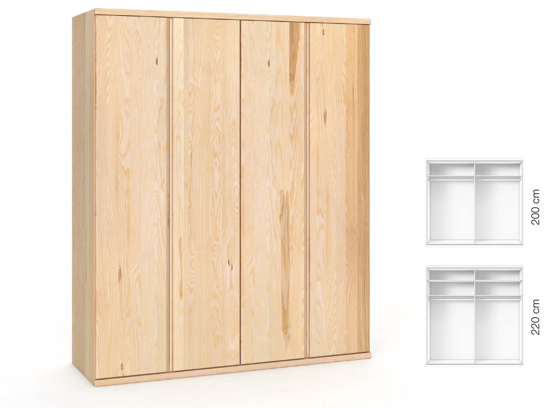 Eschenschrank „Valentin“, 4-türig, Höhe 220 cm, Griffausführung „Patrizia“, Inneneinrichtung: A