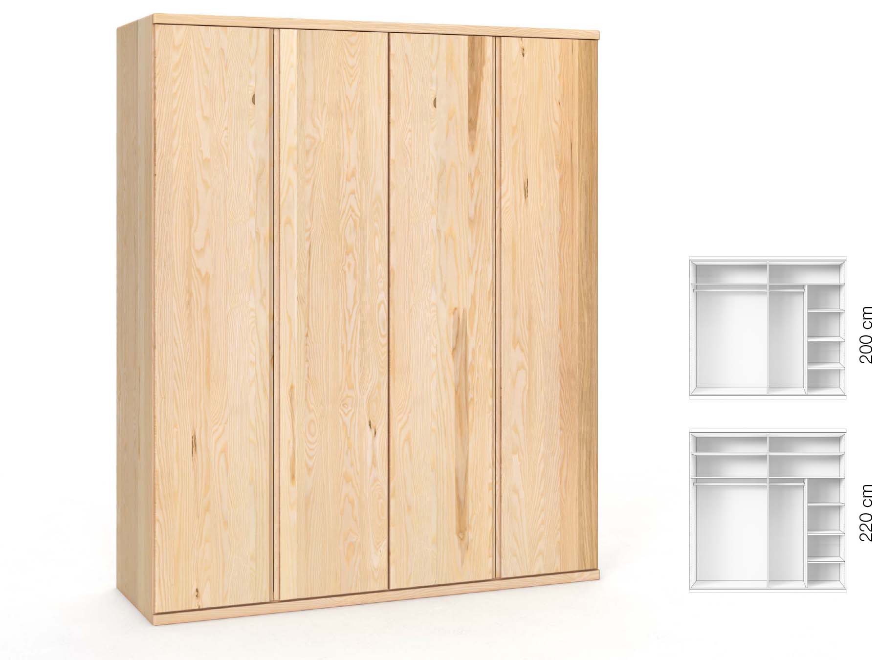 Eschenschrank „Valentin“, 4-türig, Höhe 220 cm, Griffausführung „Patrizia“, Inneneinrichtung: B