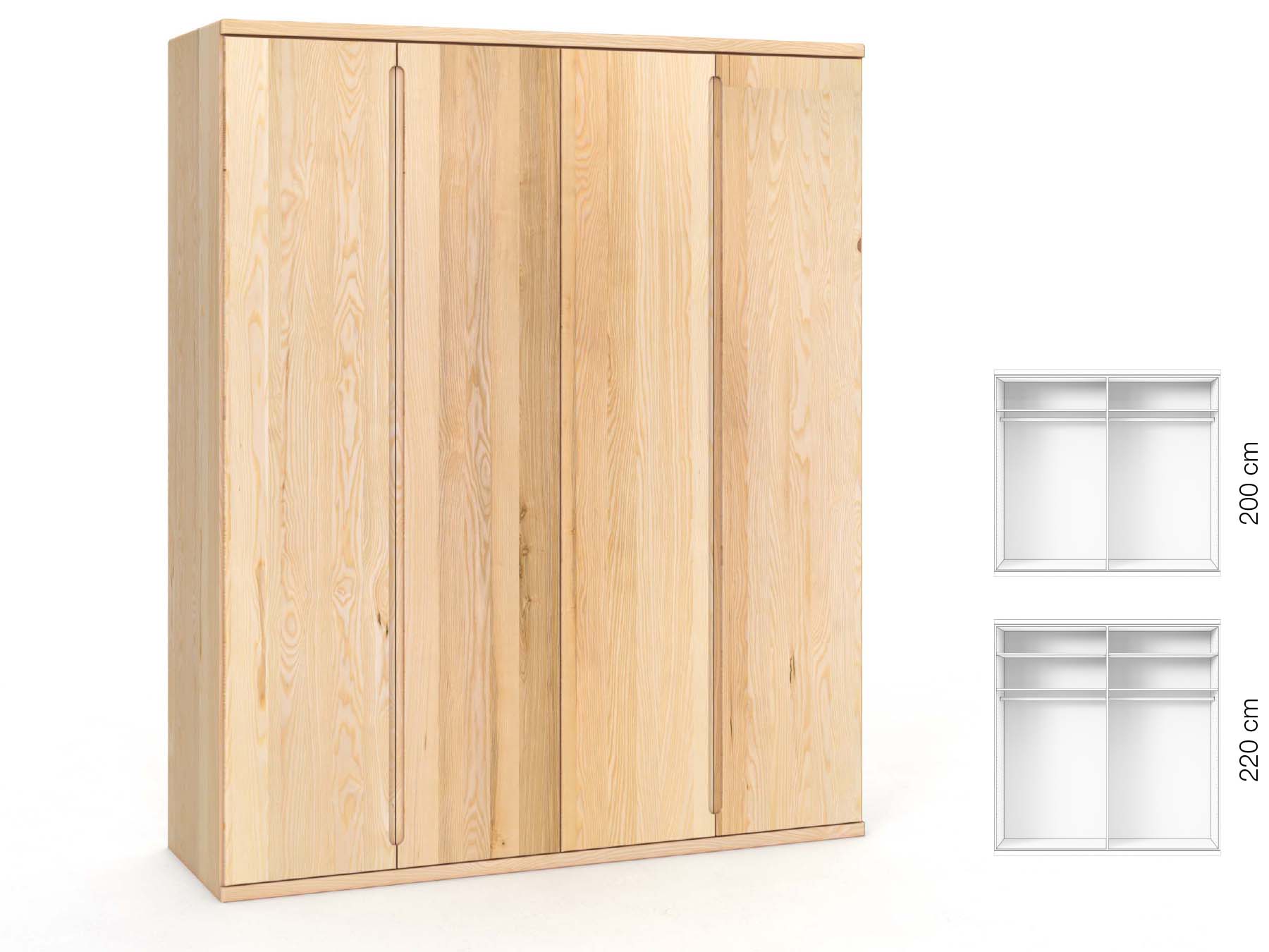 Eschenschrank „Valentin“, 4-türig, Höhe 220 cm, Griffausführung „Lukas“, Inneneinrichtung: A