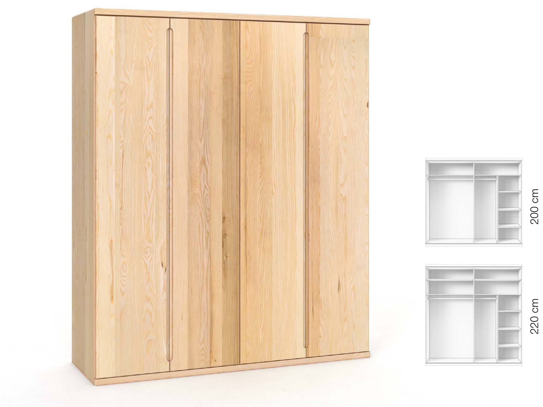 Eschenschrank „Valentin“, 4-türig, Höhe 220 cm, Griffausführung „Lukas“, Inneneinrichtung: B