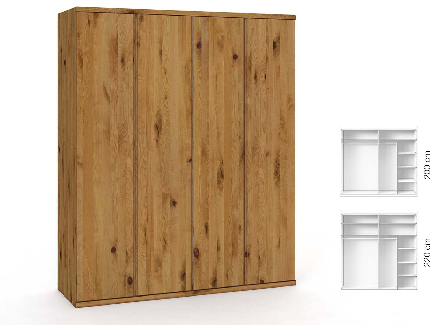 Wildeichenschrank „Valentin“, 4-türig, Höhe 220 cm, Griffausführung „Patrizia“, Inneneinrichtung: B