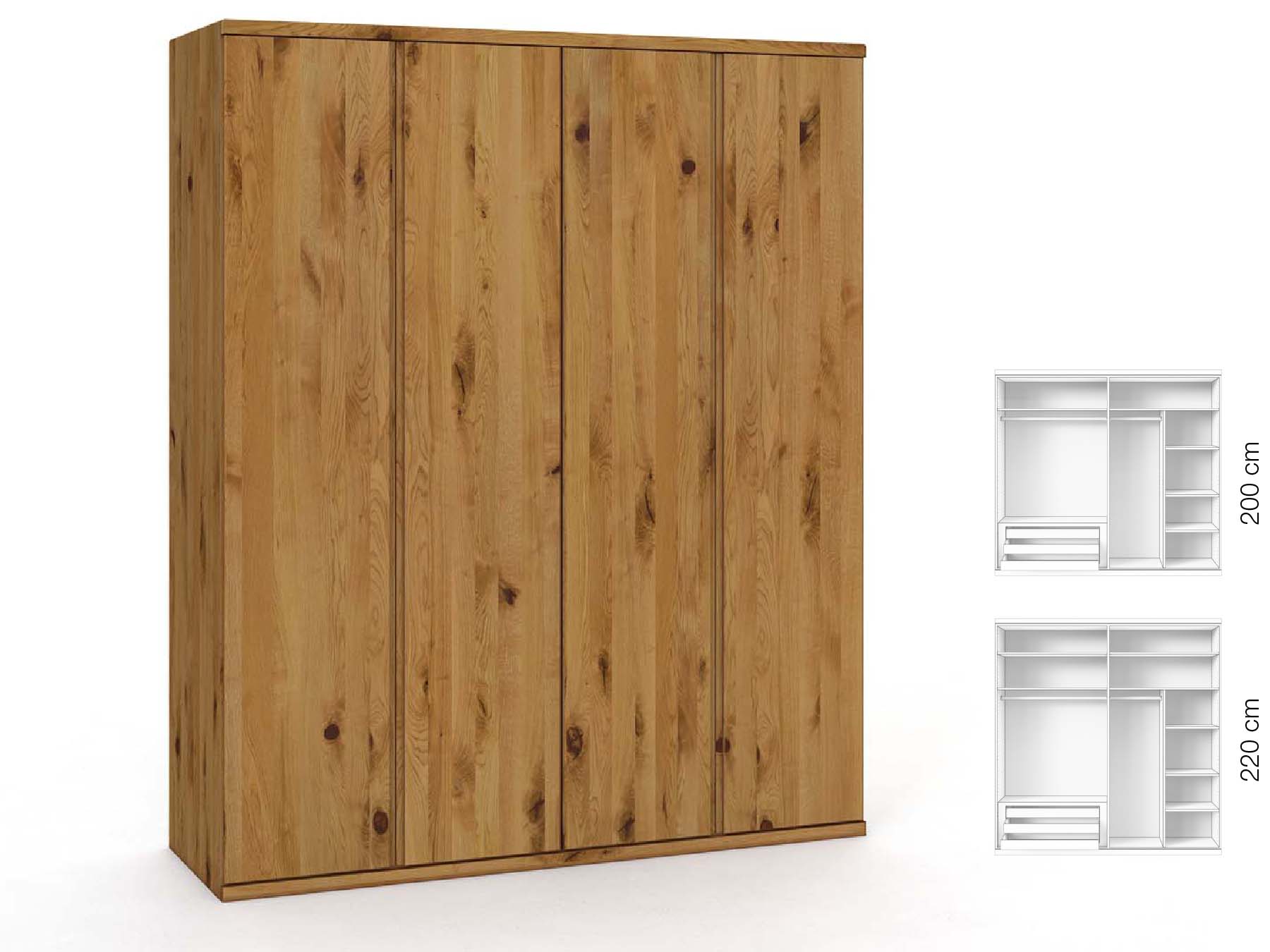 Wildeichenschrank „Valentin“, 4-türig, Höhe 220 cm, Griffausführung „Patrizia“, Inneneinrichtung: C