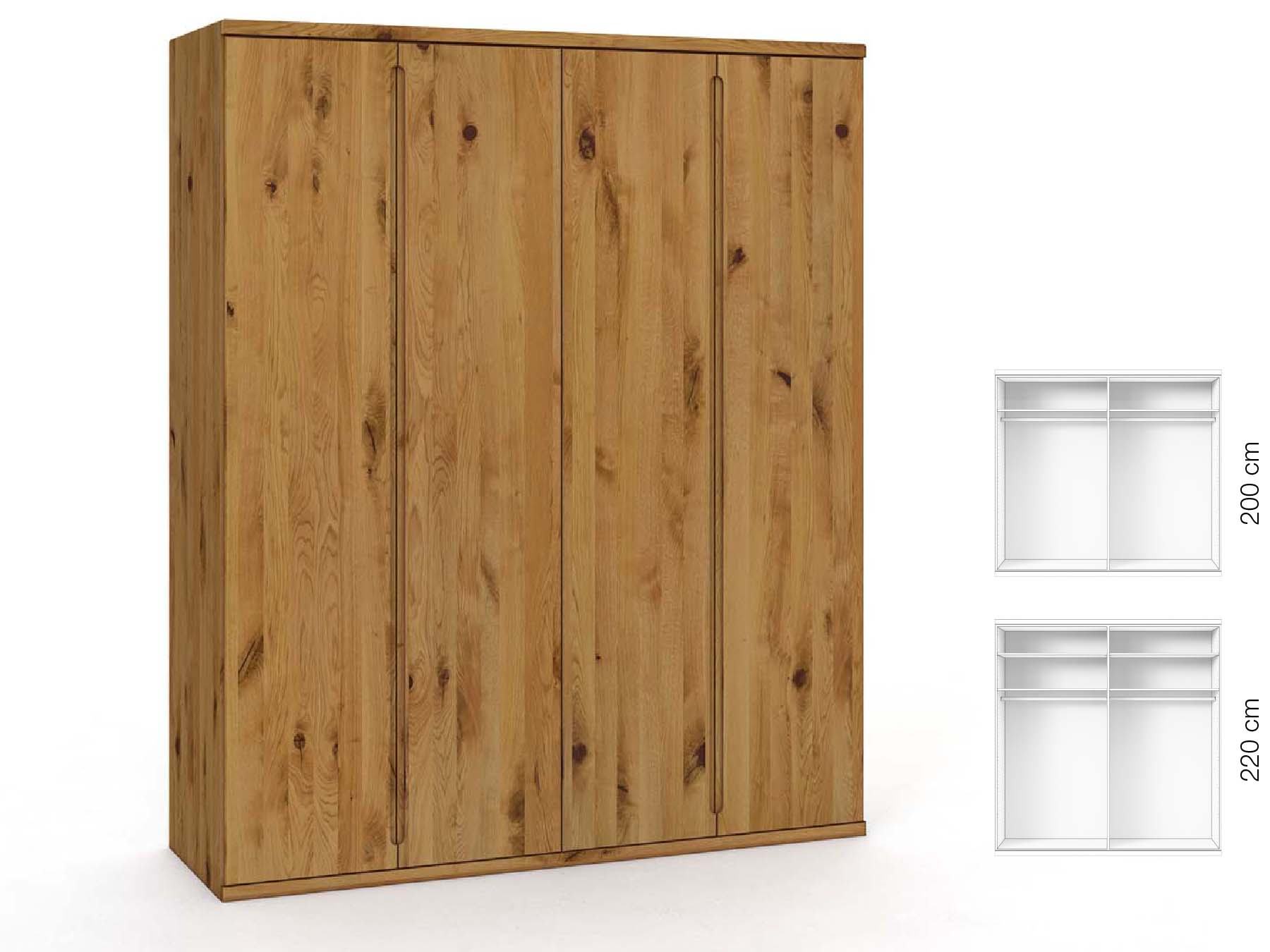 Wildeichenschrank „Valentin“, 4-türig, Höhe 220 cm, Griffausführung „Lukas“, Inneneinrichtung: A