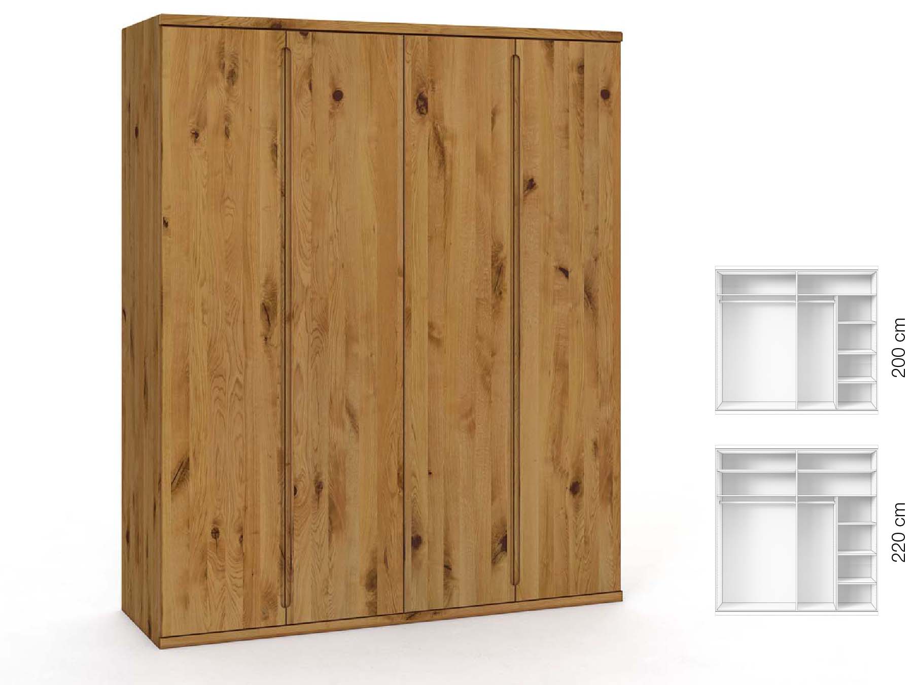 Wildeichenschrank „Valentin“, 4-türig, Höhe 220 cm, Griffausführung „Lukas“, Inneneinrichtung: B