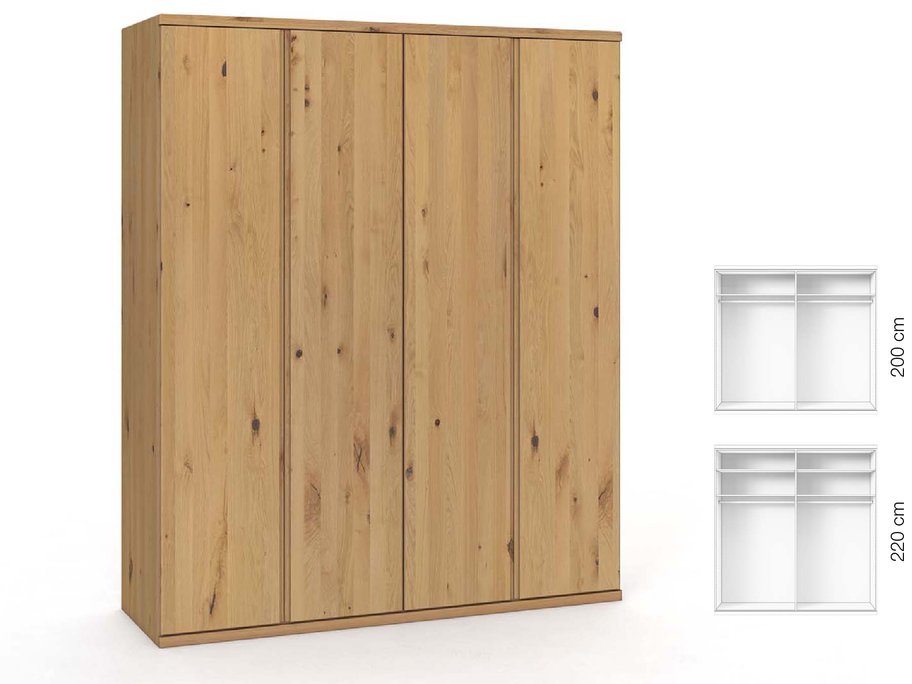 Wildeichenschrank Hell „Valentin“, 4-türig, Höhe 220 cm, Griffausführung „Patrizia“, Inneneinrichtung: A