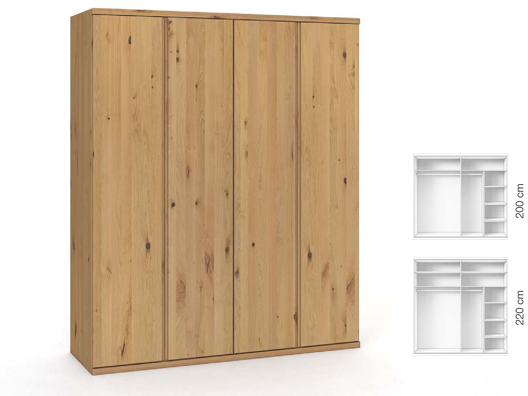 Wildeichenschrank Hell „Valentin“, 4-türig, Höhe 220 cm, Griffausführung „Patrizia“, Inneneinrichtung: B