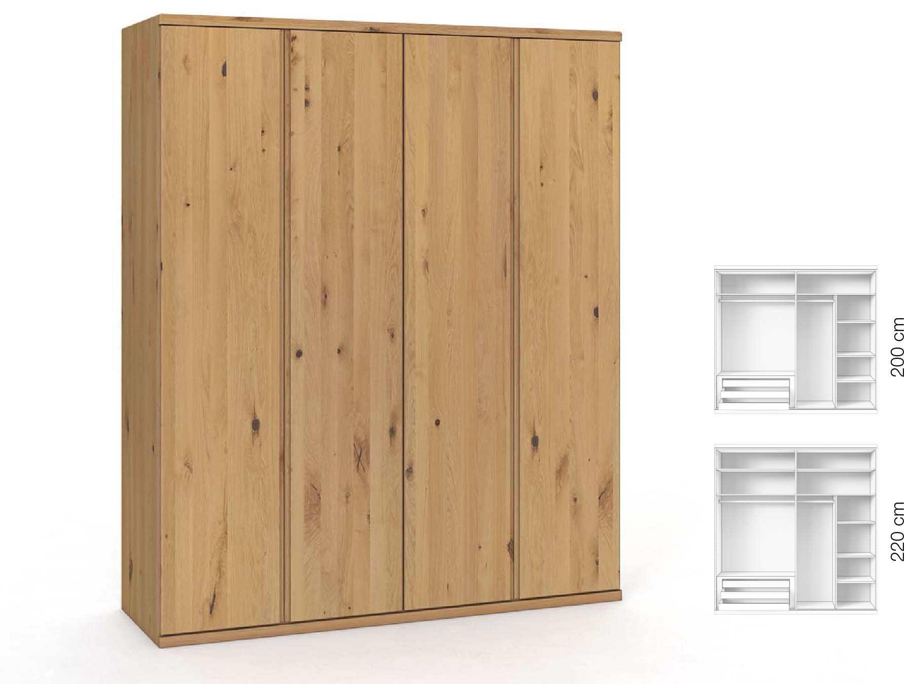 Wildeichenschrank Hell „Valentin“, 4-türig, Höhe 220 cm, Griffausführung „Patrizia“, Inneneinrichtung: C