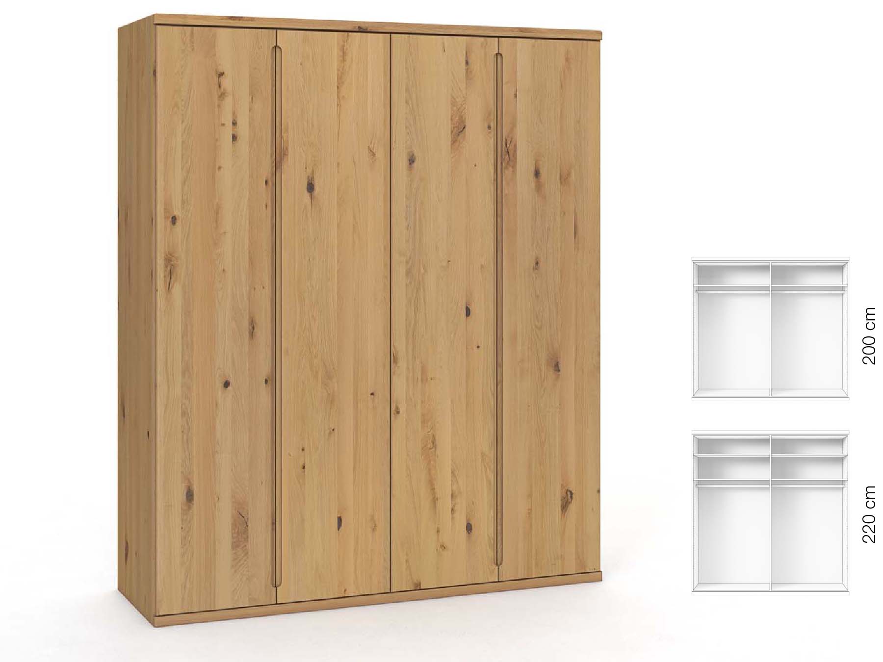 Wildeichenschrank Hell „Valentin“, 4-türig, Höhe 220 cm, Griffausführung „Lukas“, Inneneinrichtung: A
