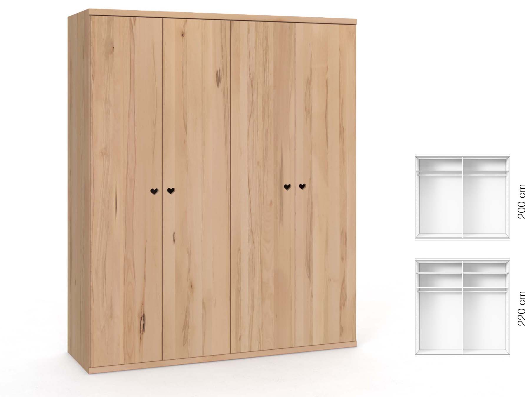 Buchenschrank „Romana“, 4-türig, Höhe 220 cm, Griffausführung „Heidi“, Inneneinrichtung: A