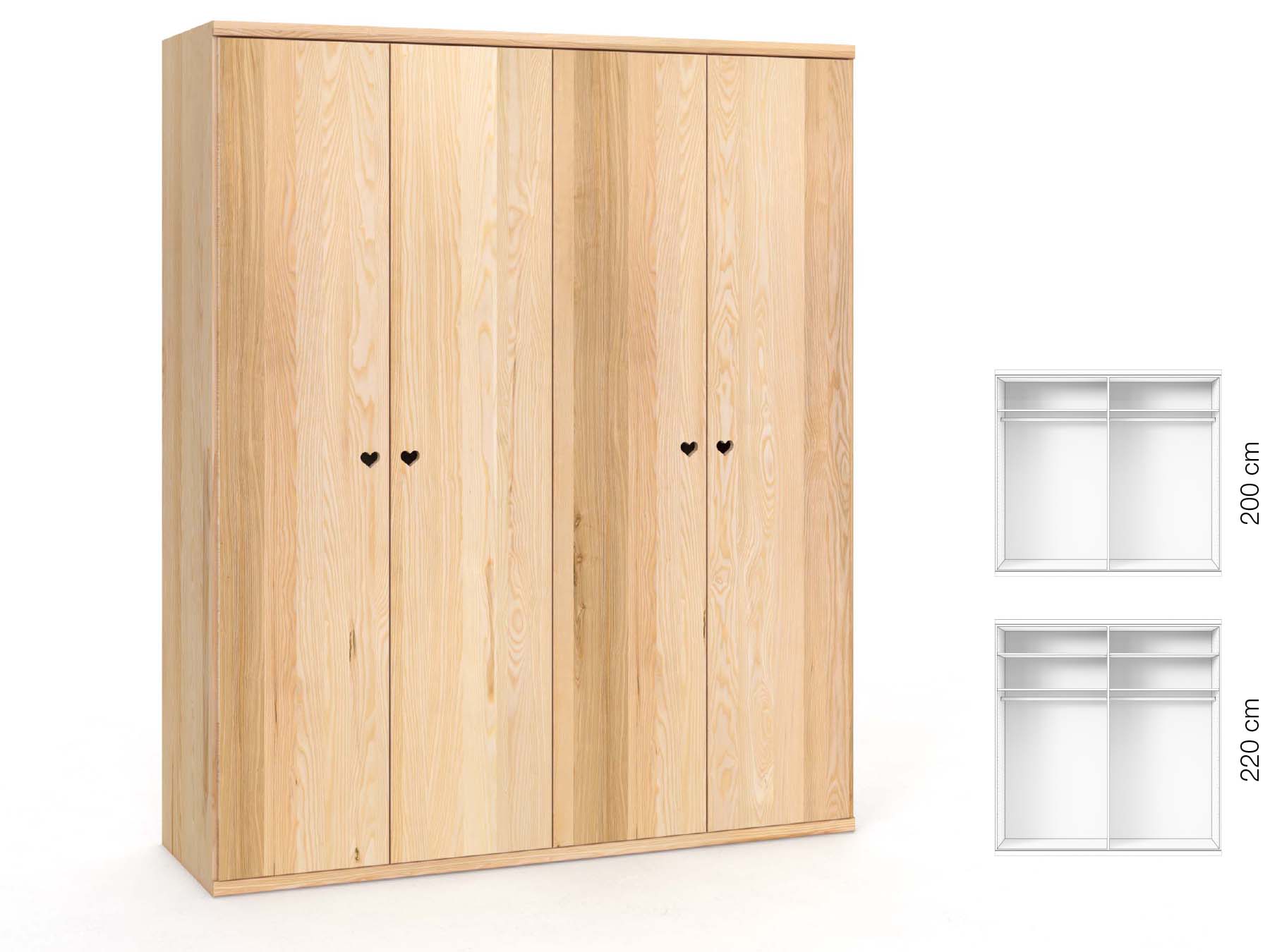 Eschenschrank „Romana“, 4-türig, Höhe 220 cm, Griffausführung „Heidi“, Inneneinrichtung: A